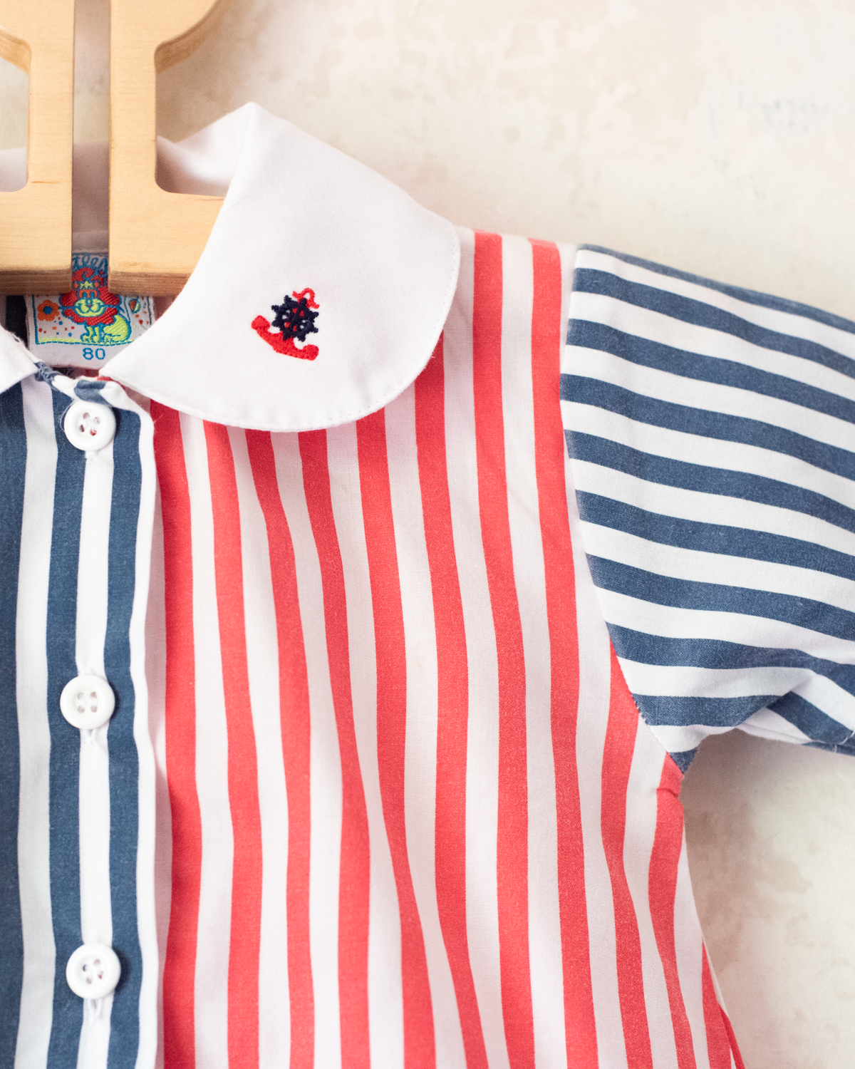 Overalls with stripes and embroidered anchors on the collar | 3-6 months