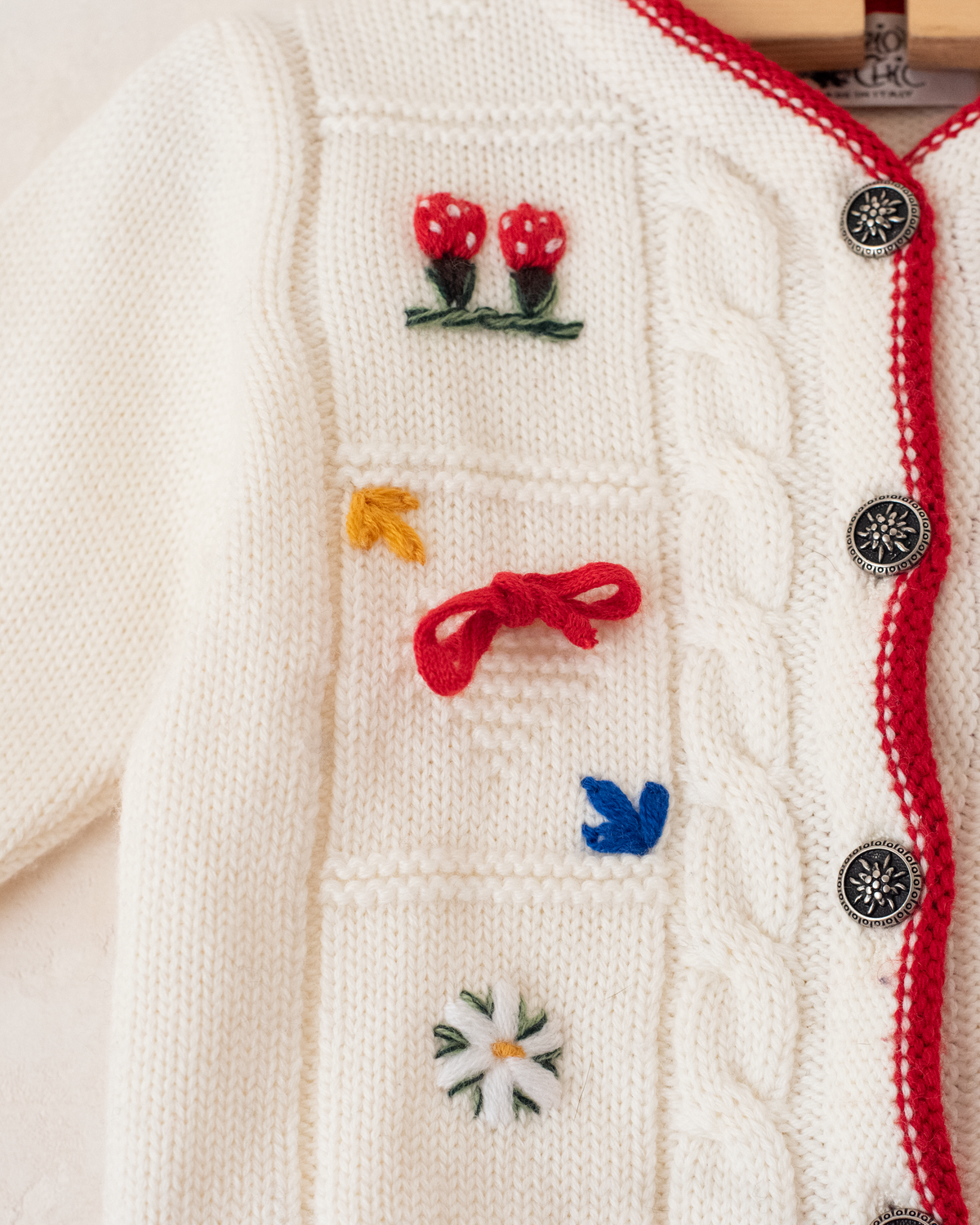 Italian wool cardigan with embroidered mushrooms and flowers | 12-18 months
