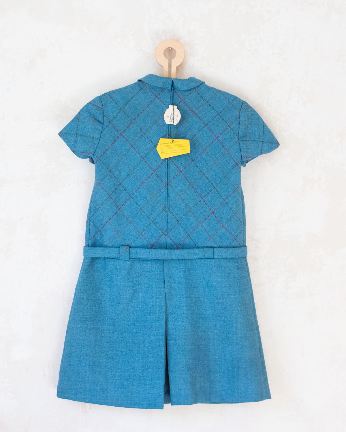 Seventies dress in turquoise with checks | French dead stock | 7-8 years