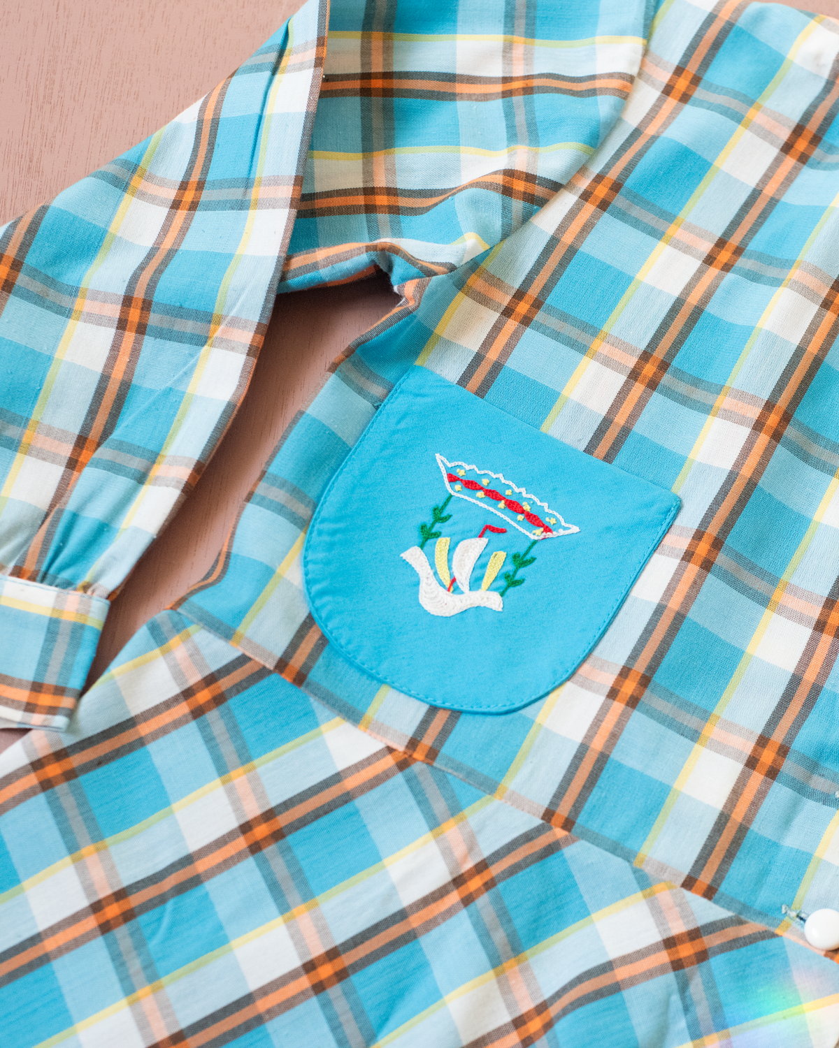 Plaid tunic from the Sixties with an embroidered pocket | 5-6 years