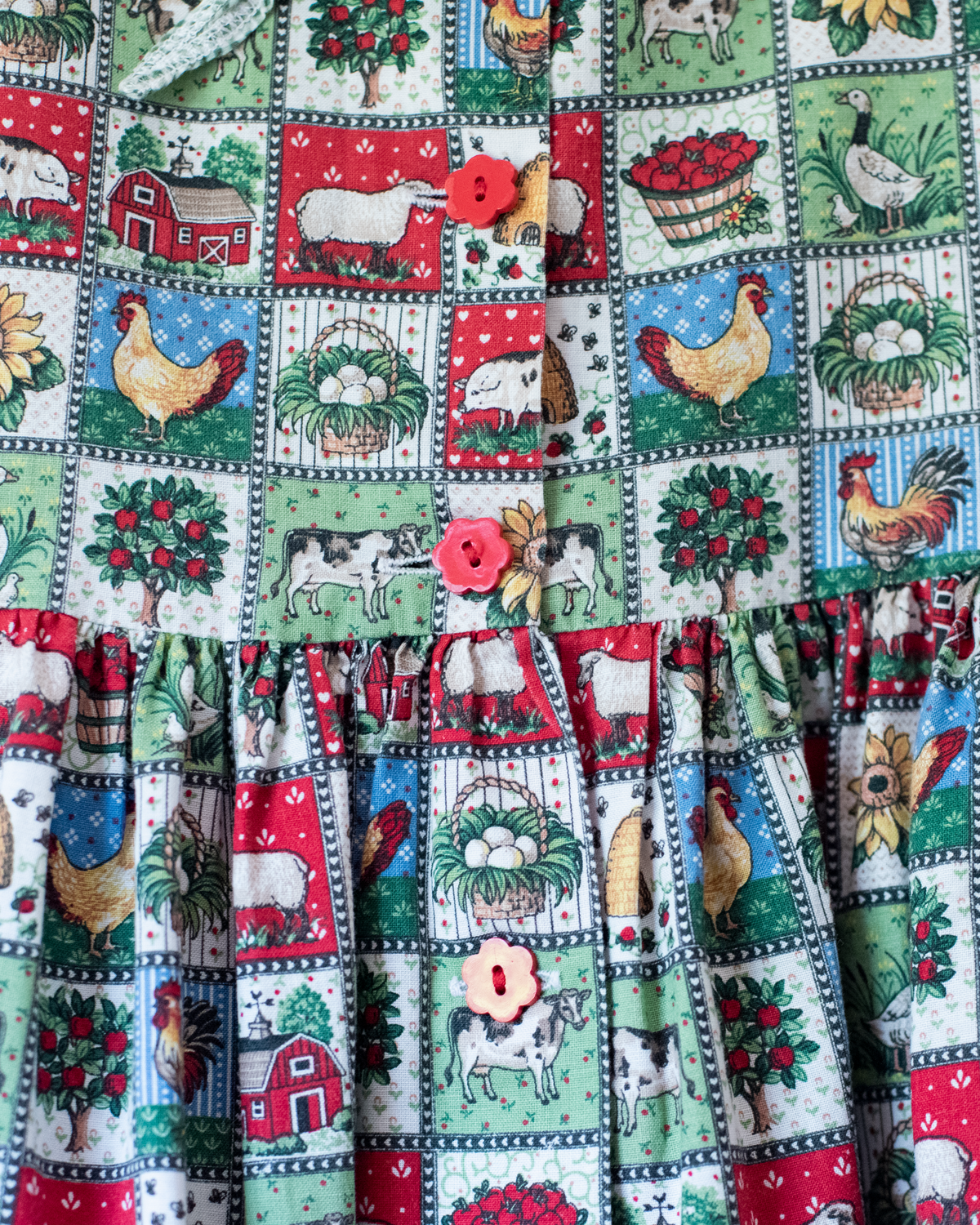 Plaid farm dress with animals and fruits | 7-8 years