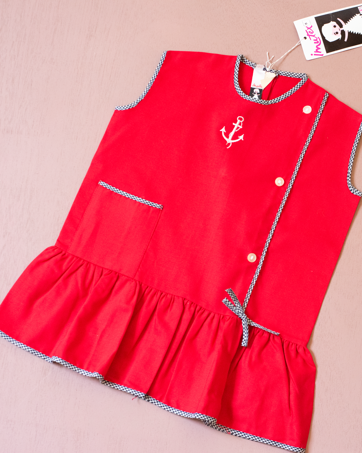 Red dress with embroidered anchor | French deadstock from the Sixties | 18-24 months