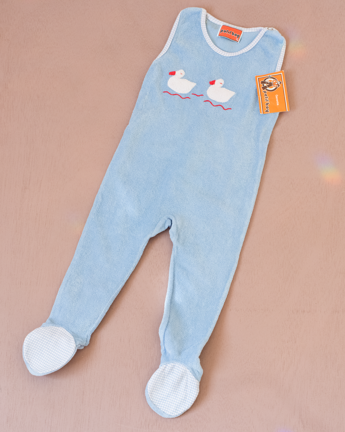 Light blue velvet overalls with a pair of ducks | French dead stock | 12-18 months