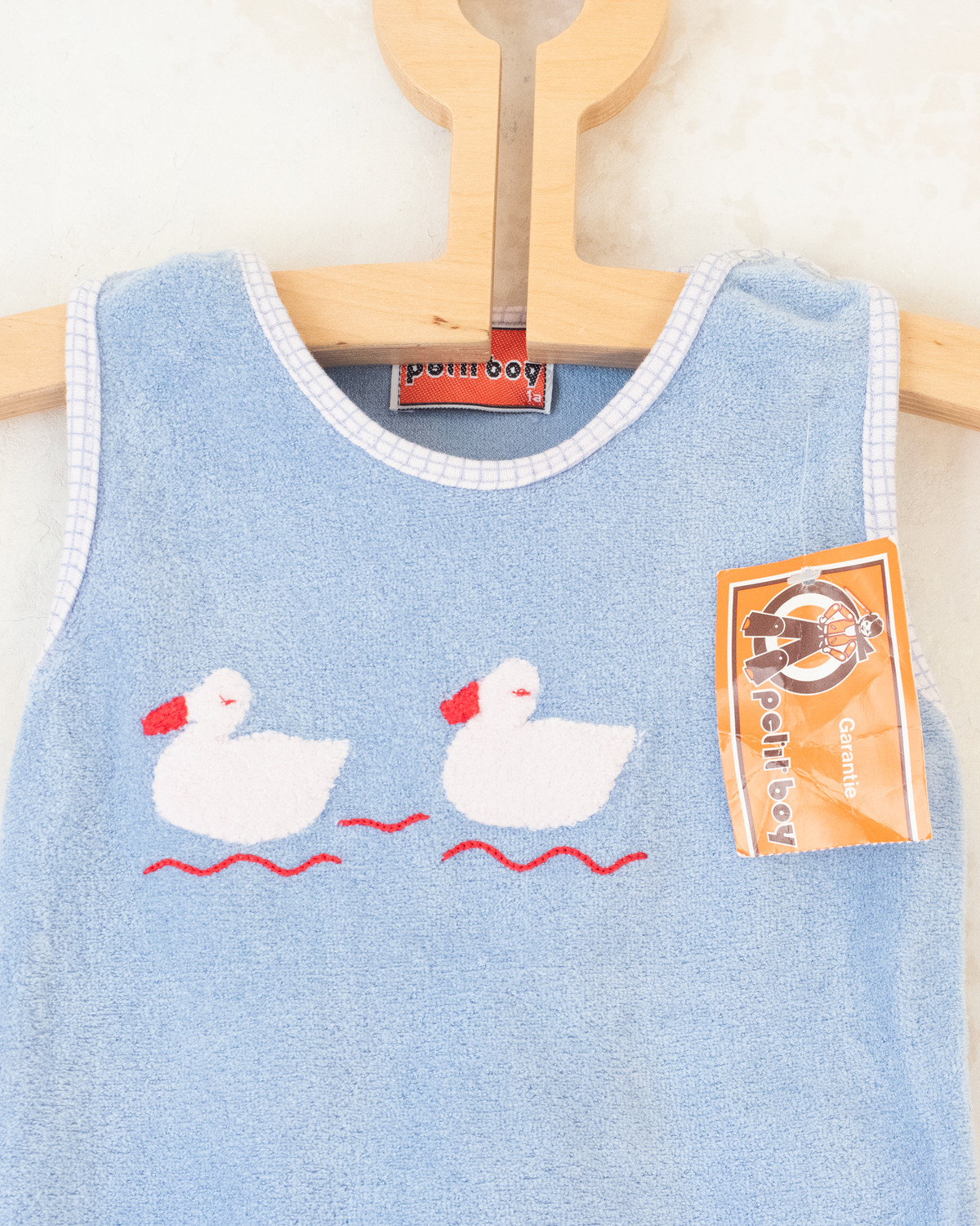Light blue velvet overalls with a pair of ducks | French dead stock | 12-18 months