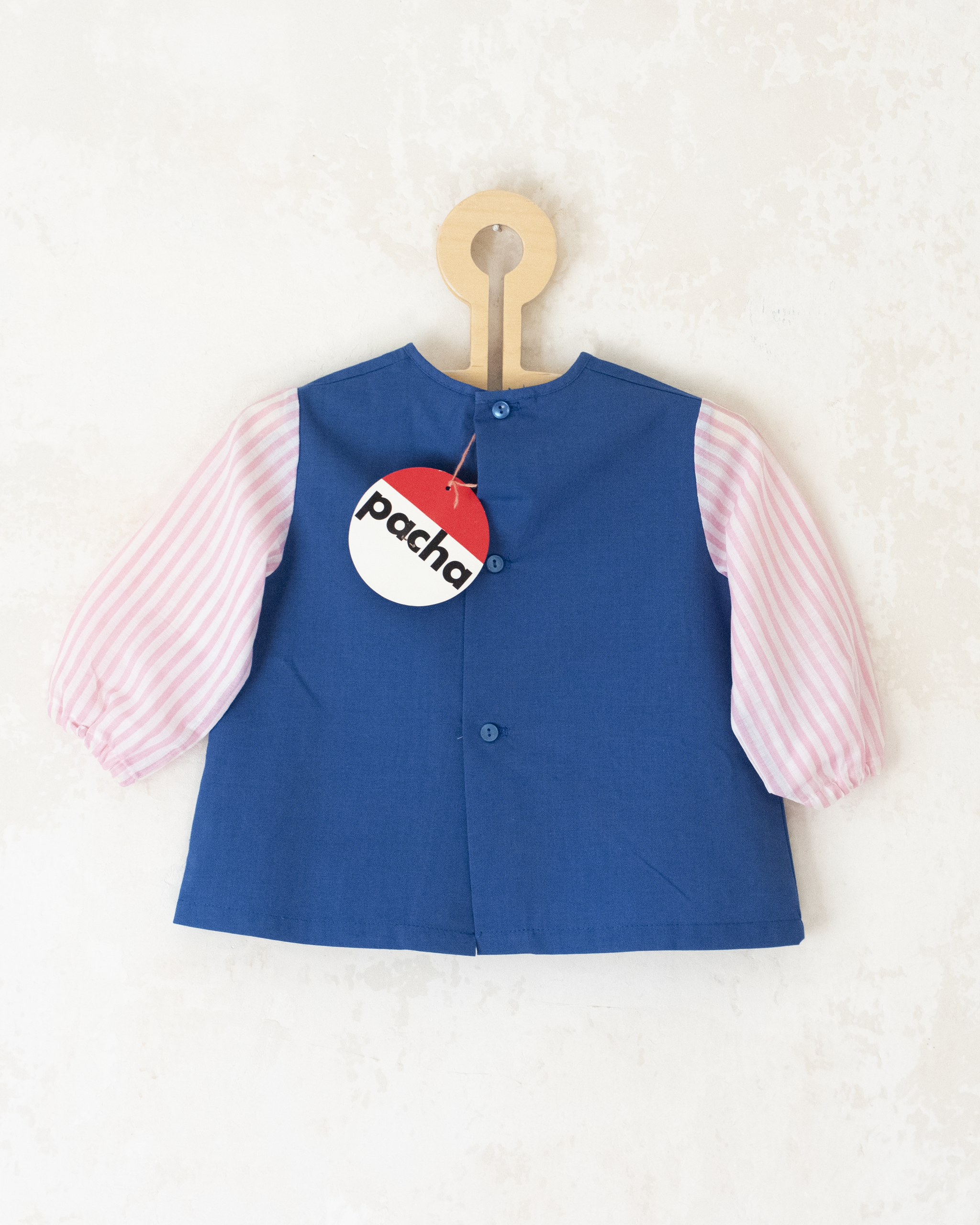 חולצה כחולה עם פסים ופרח בכיס | דד סטוק צרפתי | 12-18 חודשים