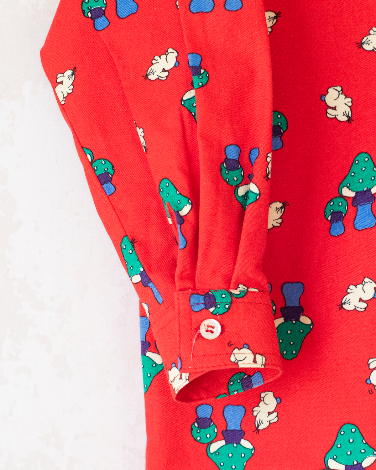 Red button-down shirt with mushrooms and rabbits | Italian Deadstock | 7-8 years