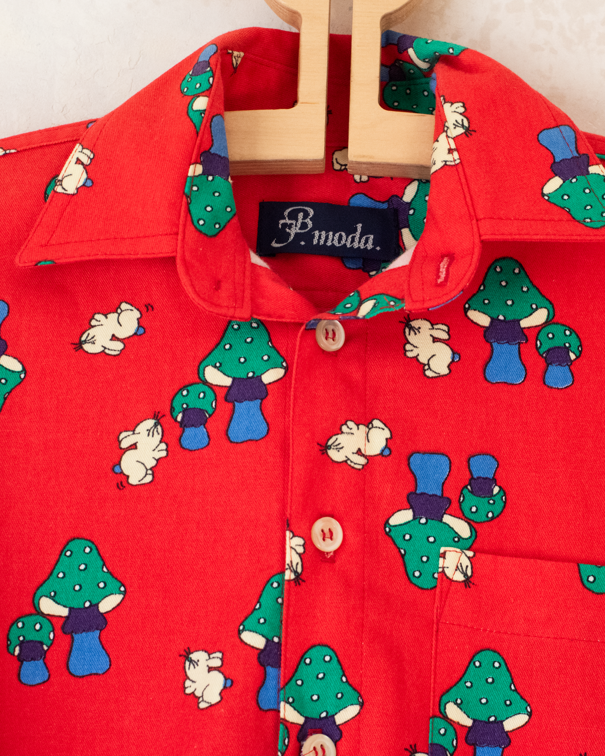 Red button-down shirt with mushrooms and rabbits | Italian Deadstock | 7-8 years