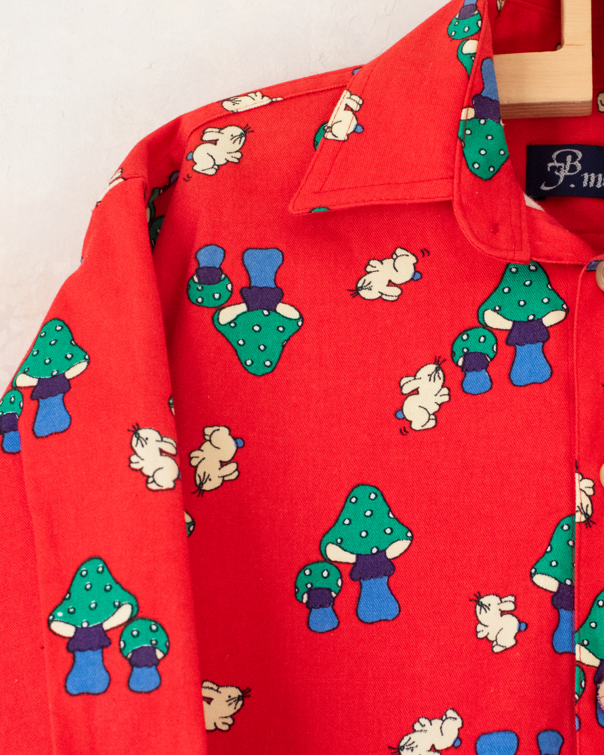 Red button-down shirt with mushrooms and rabbits | Italian Deadstock | 7-8 years