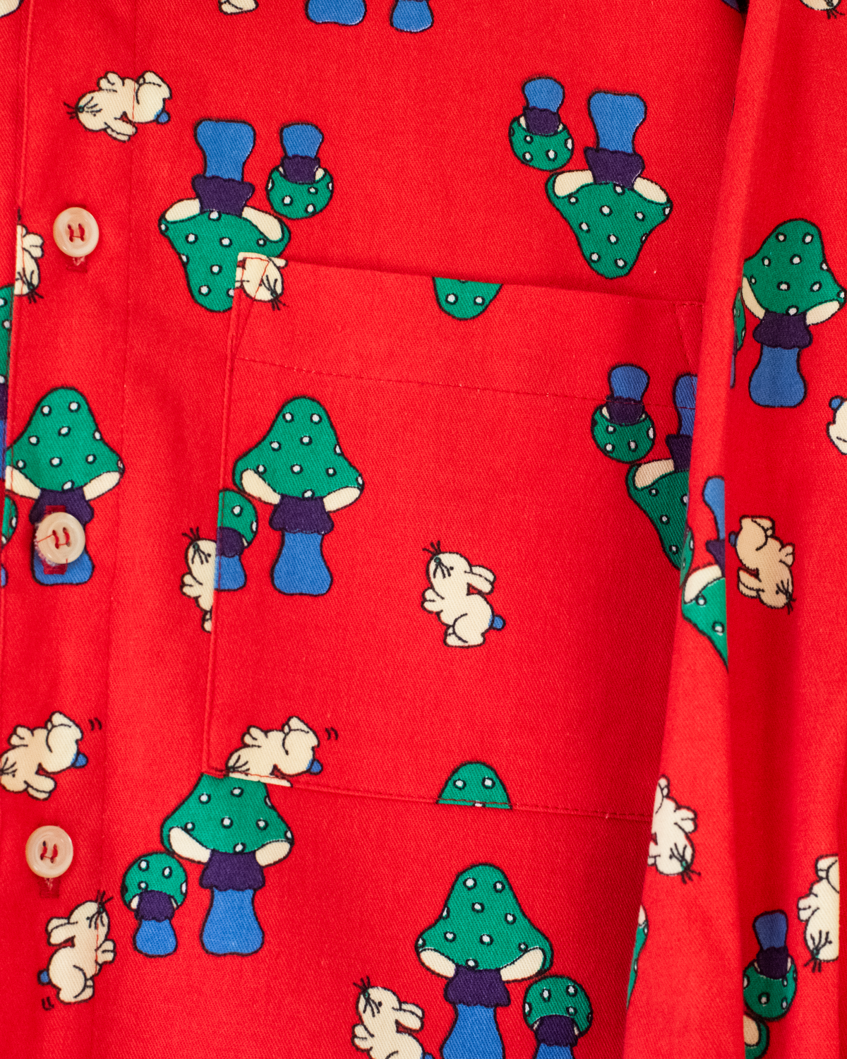 Red button-down shirt with mushrooms and rabbits | Italian Deadstock | 7-8 years