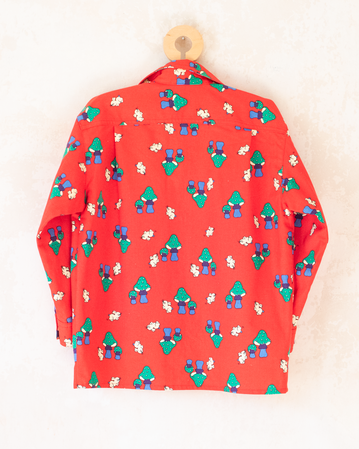 Red button-down shirt with mushrooms and rabbits | Italian Deadstock | 7-8 years