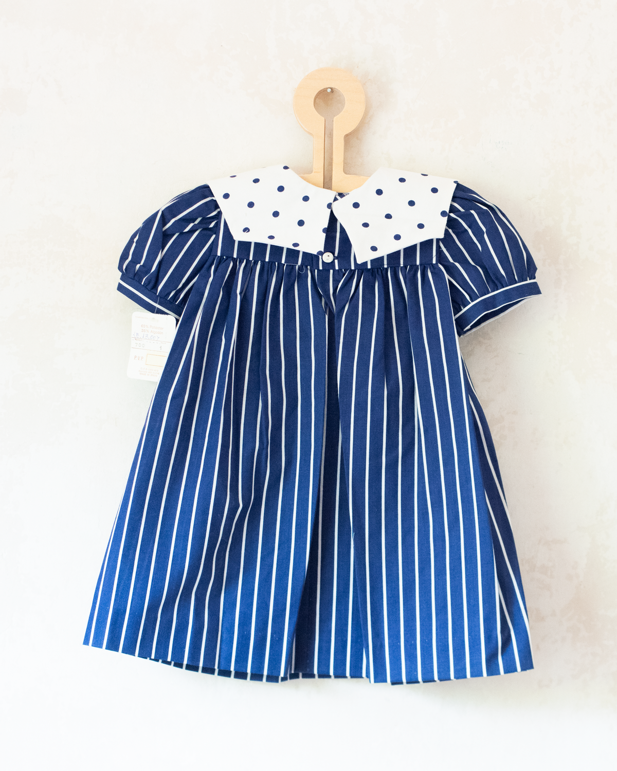 Blue dress with stripes, dots and a large bow tie | Spanish dead stock | 12-18 months