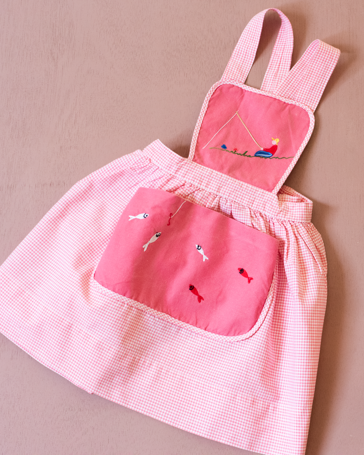 French pink sarafan from the 50s with fisherman and fish embroidery | 12-18 months
