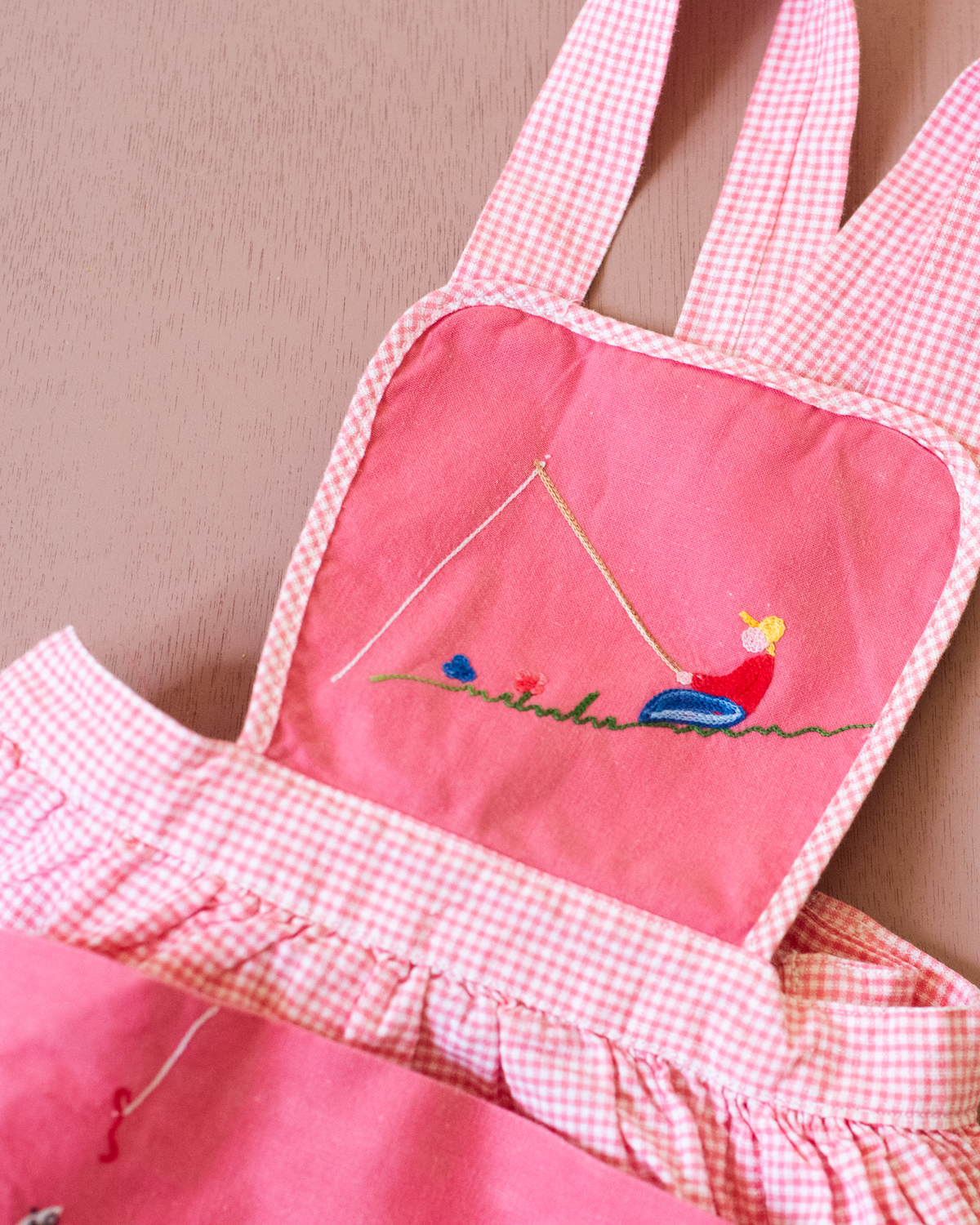 French pink sarafan from the 50s with fisherman and fish embroidery | 12-18 months