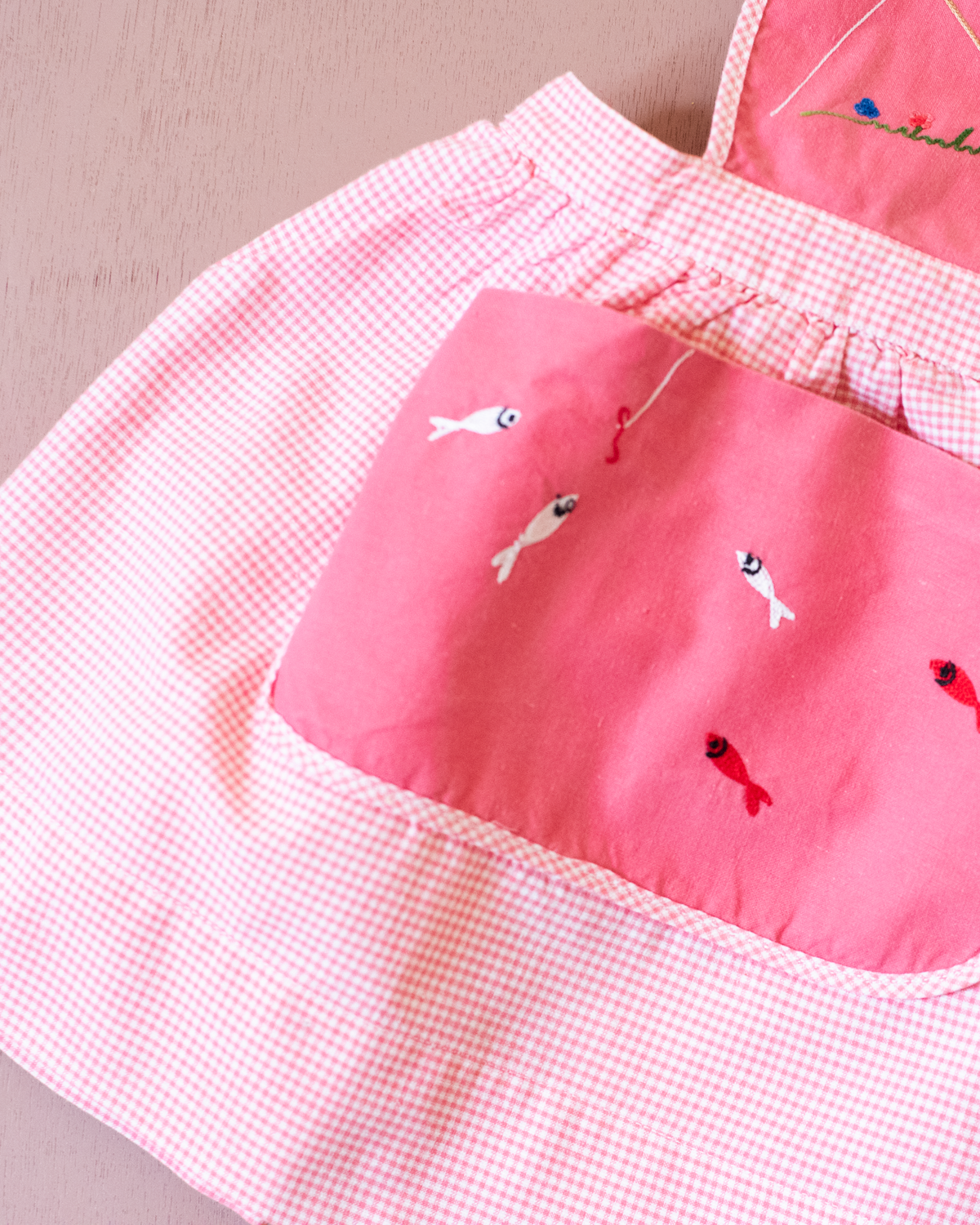 French pink sarafan from the 50s with fisherman and fish embroidery | 12-18 months