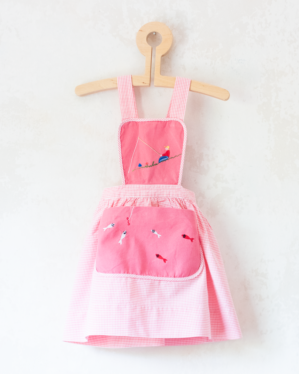 French pink sarafan from the 50s with fisherman and fish embroidery | 12-18 months