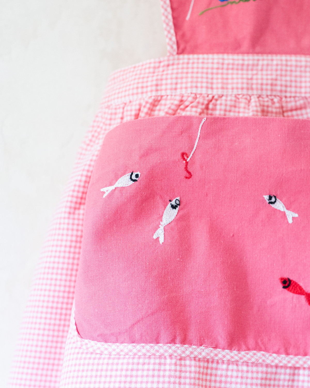 French pink sarafan from the 50s with fisherman and fish embroidery | 12-18 months