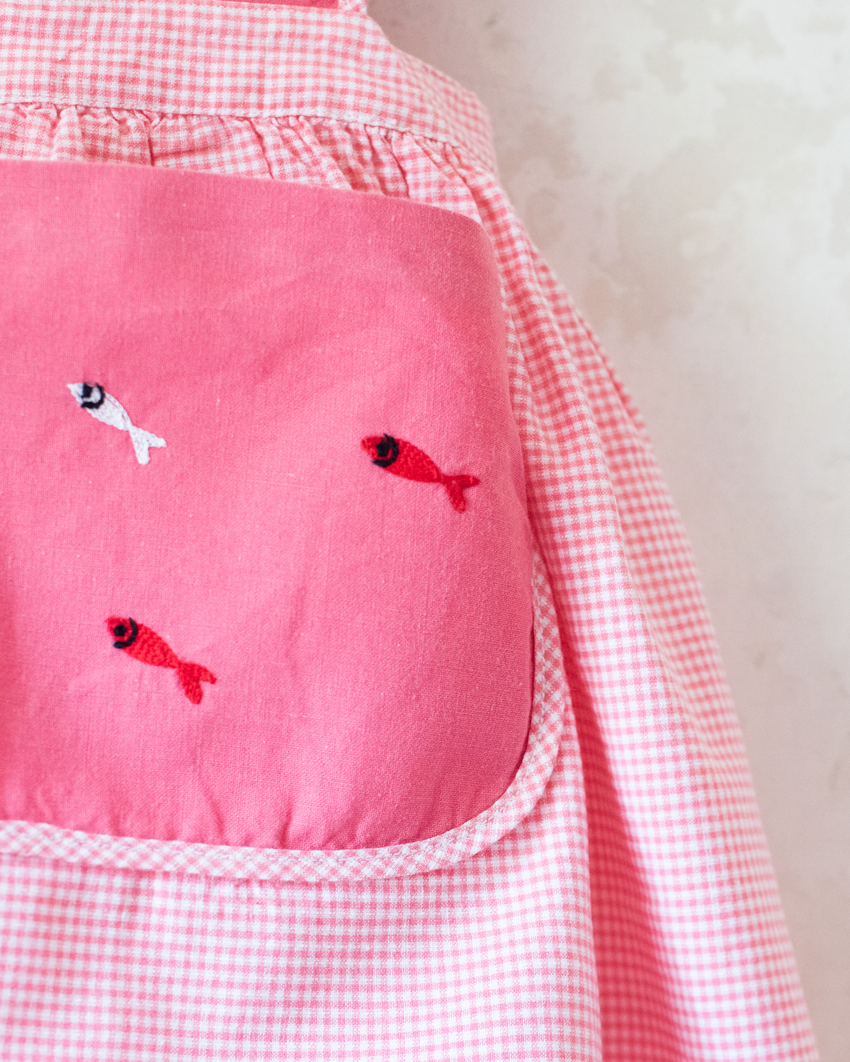French pink sarafan from the 50s with fisherman and fish embroidery | 12-18 months