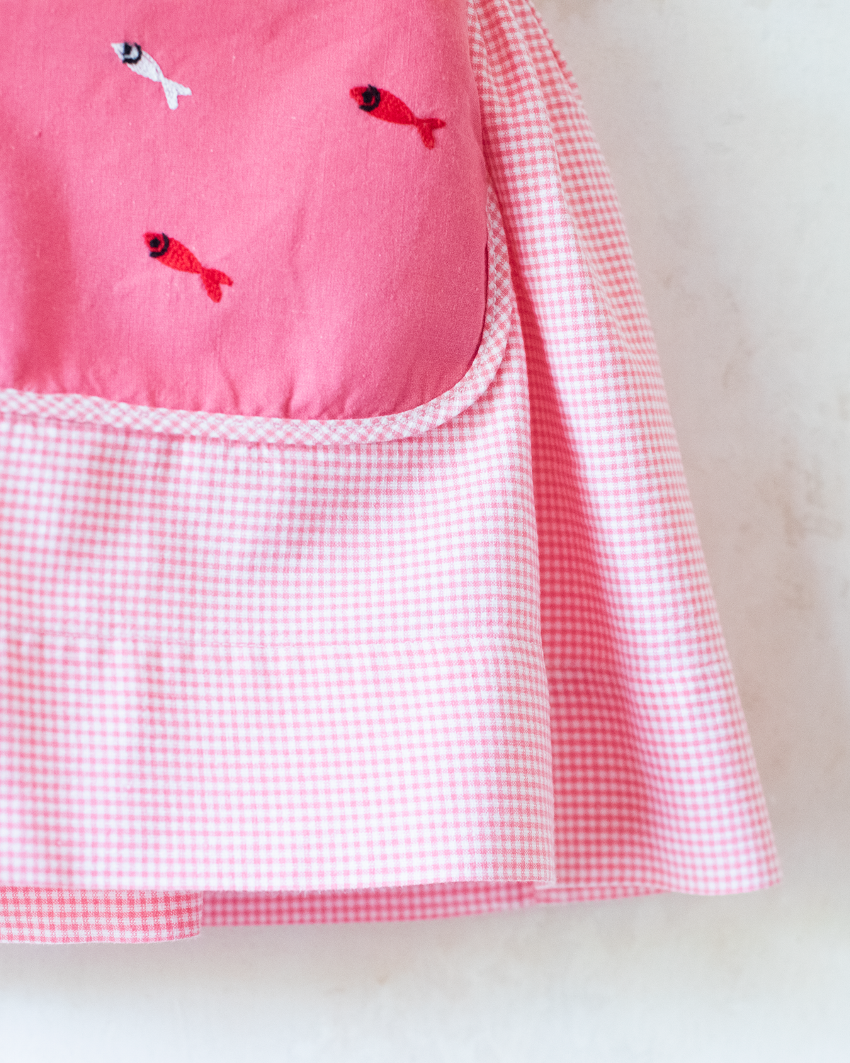 French pink sarafan from the 50s with fisherman and fish embroidery | 12-18 months