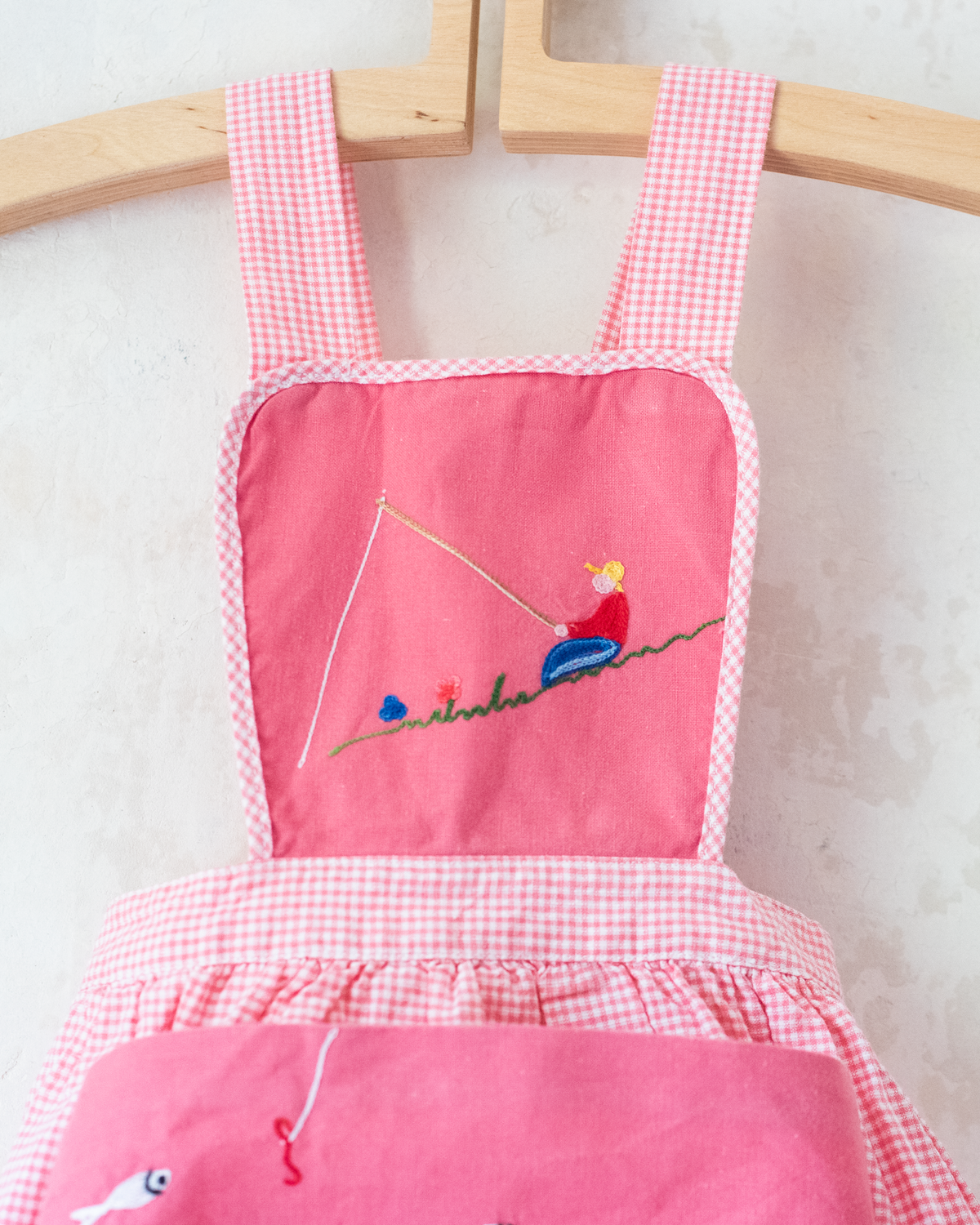 French pink sarafan from the 50s with fisherman and fish embroidery | 12-18 months