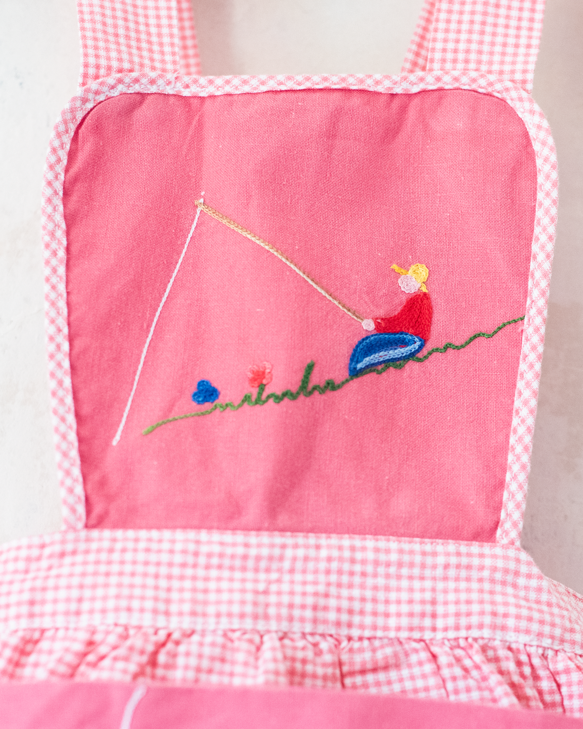 French pink sarafan from the 50s with fisherman and fish embroidery | 12-18 months