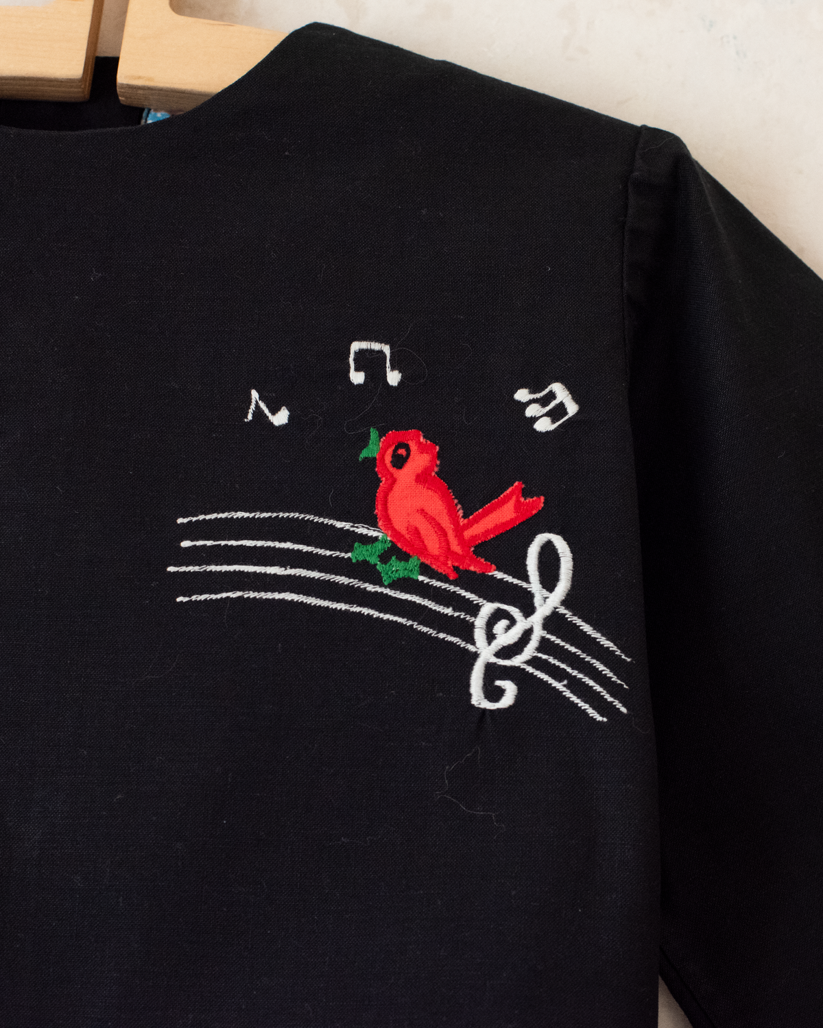 Black dress with plaid and embroidered songbird | French deadstock from the 70s | 3-4 years
