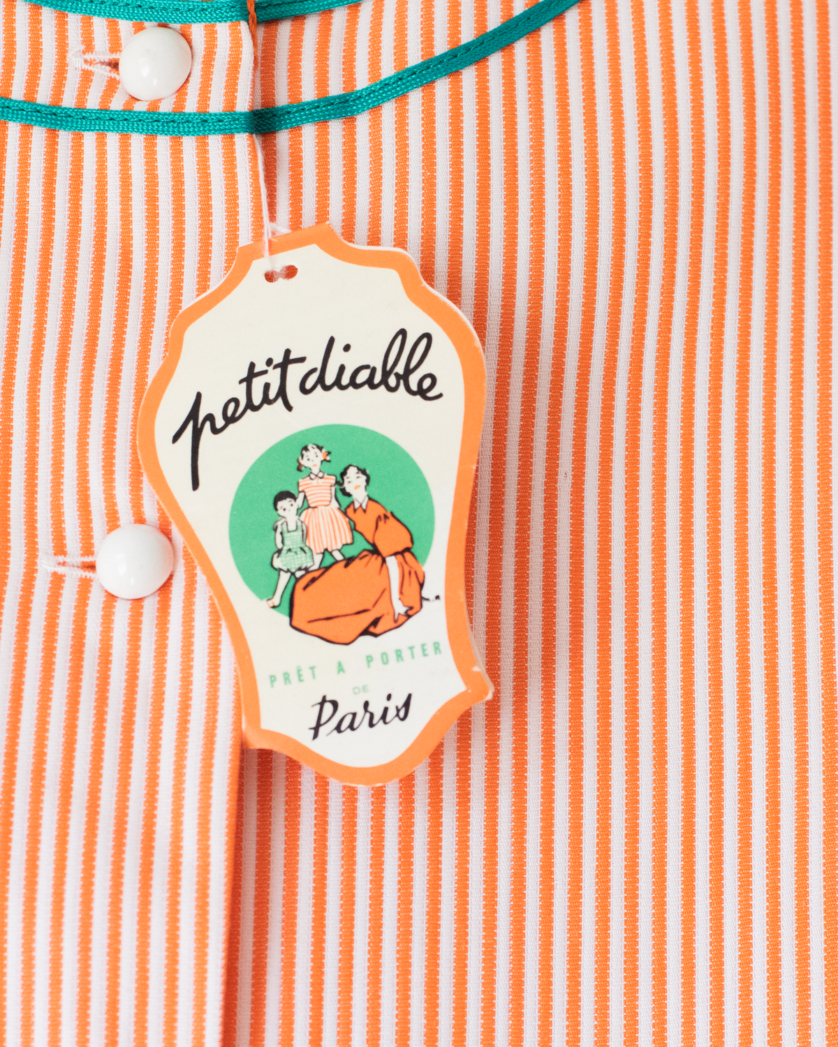 Orange and white striped dress with green combination | Parisian Deadstock | 9-10 years