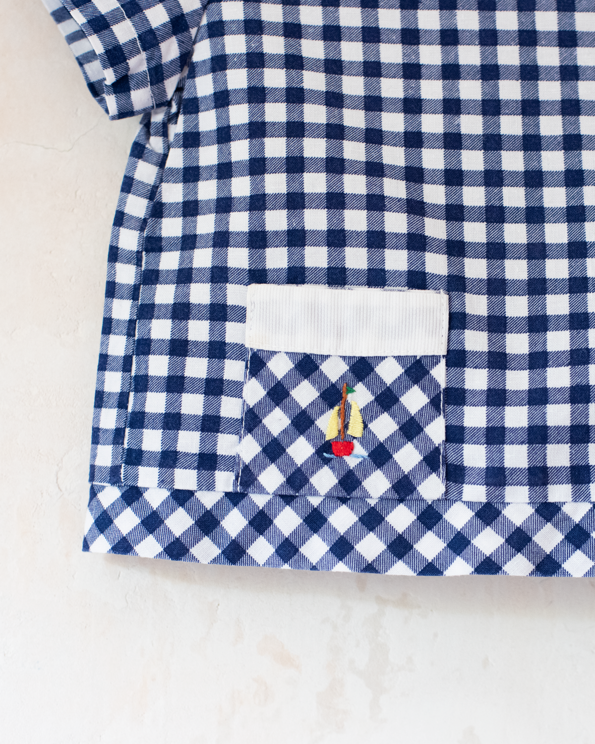 Blue and white plaid shirt with embroidered sailboats | 9-12 months