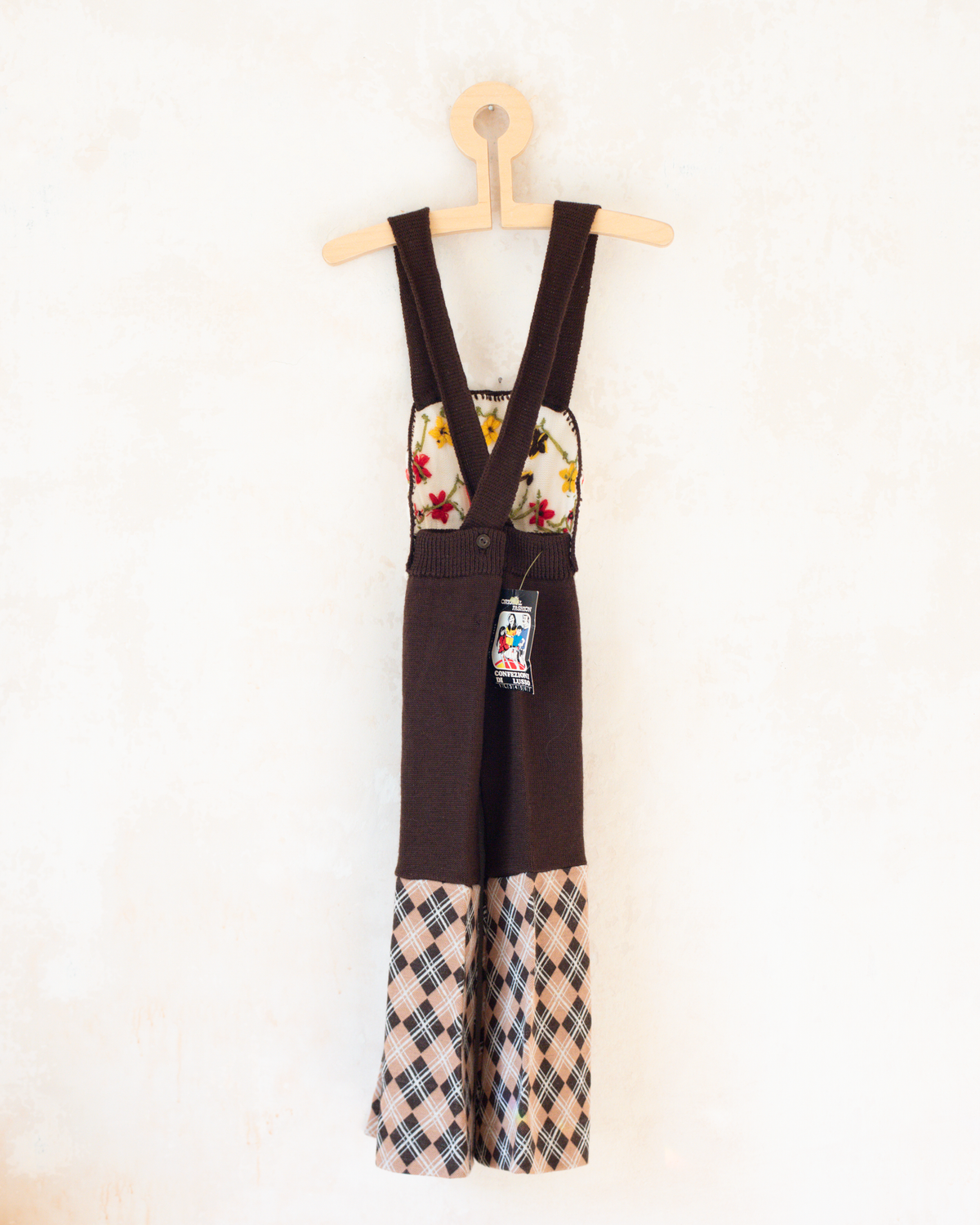 Brown knitted romper with flowers and plaid | Italian deadstock | 2-3 years