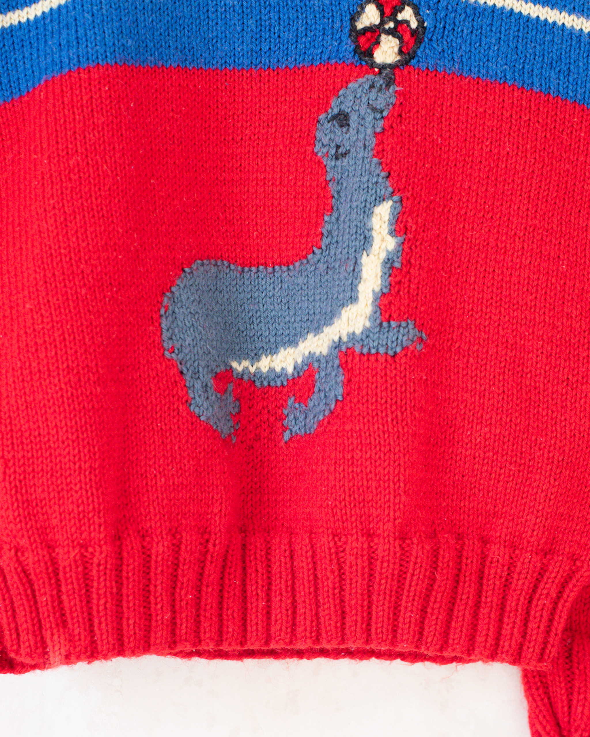 סוודר צמר אדום וכחול עם כלב ים | 5-6 שנים