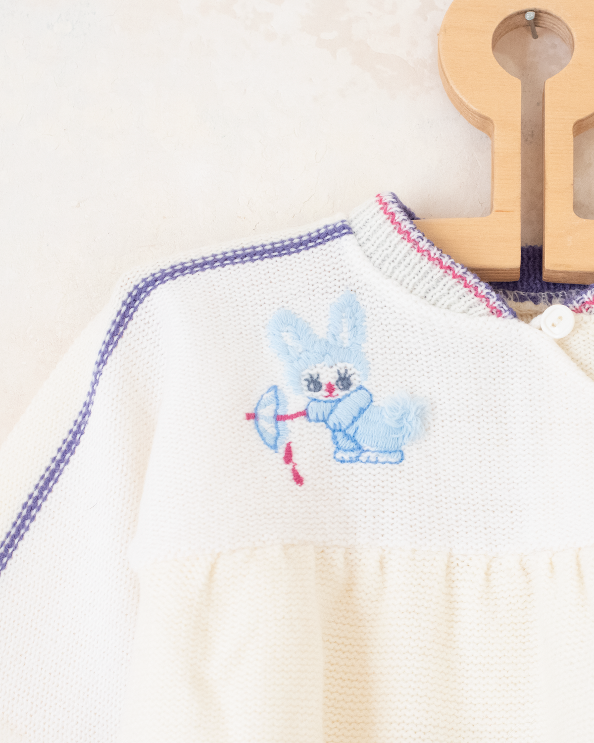 White woolen dress with a bunny and umbrella | 12-18 months