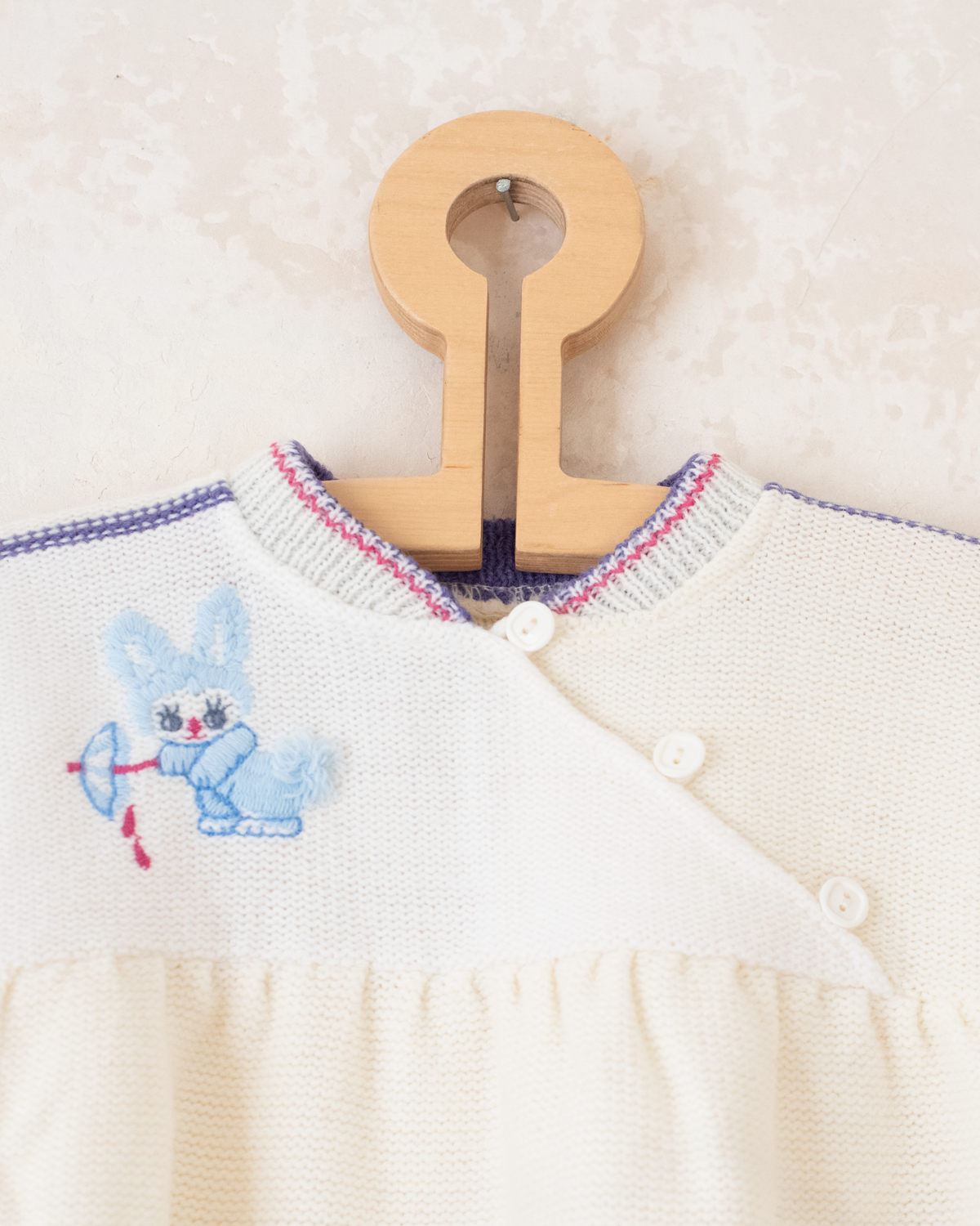 White woolen dress with a bunny and umbrella | 12-18 months