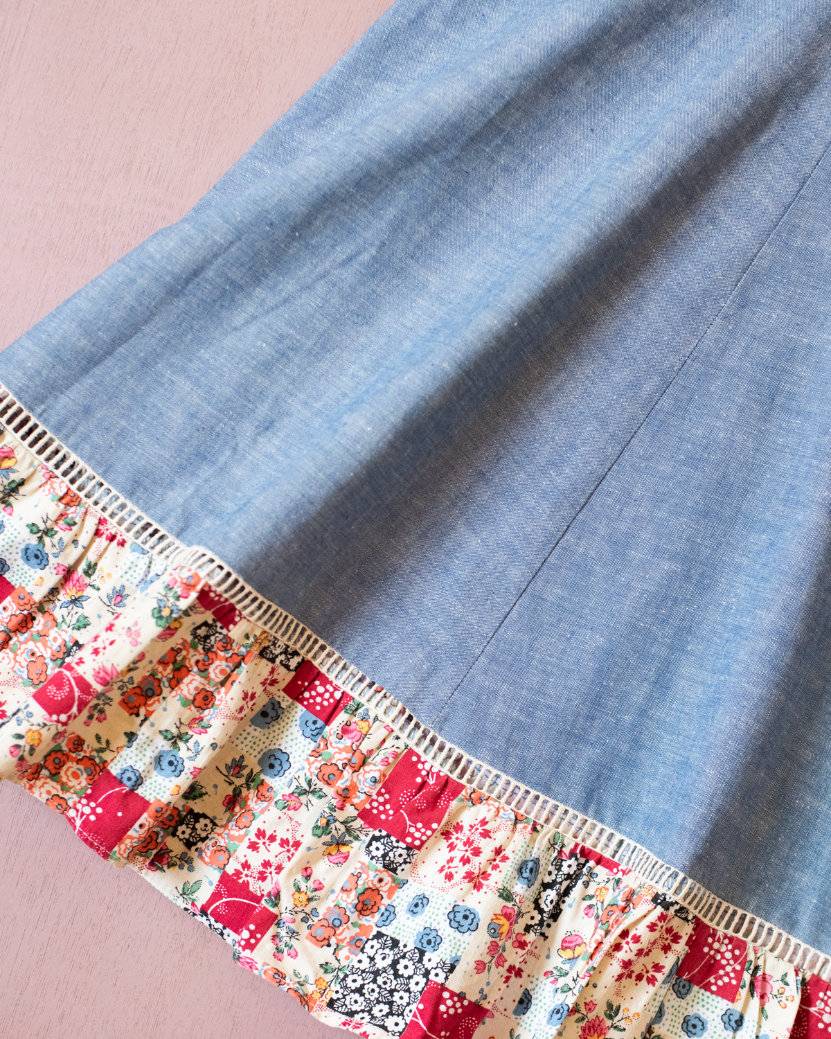 Denim dress with floral patches | French deadstock from the 70s | 13-14 years