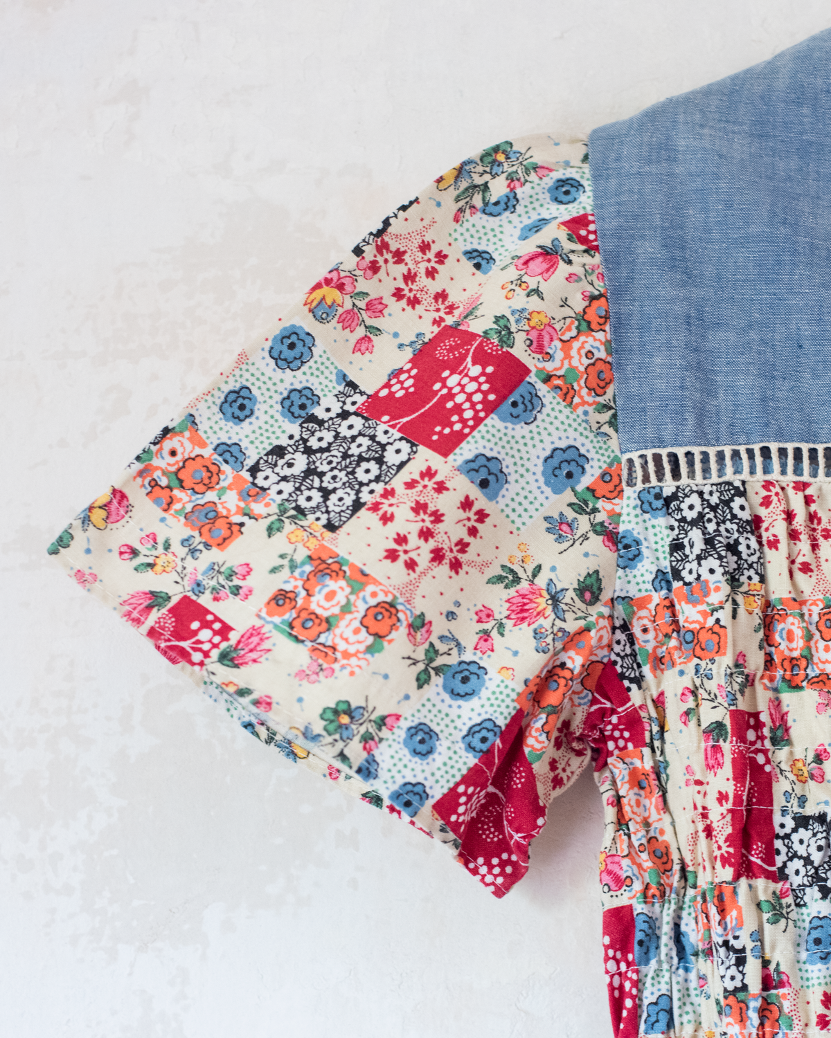 Denim dress with floral patches | French deadstock from the 70s | 13-14 years