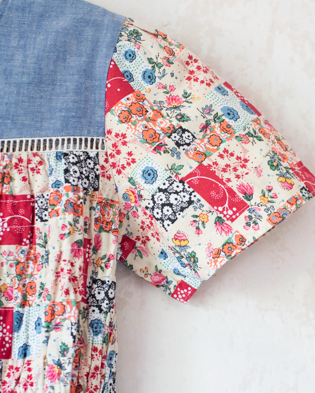 Denim dress with floral patches | French deadstock from the 70s | 13-14 years