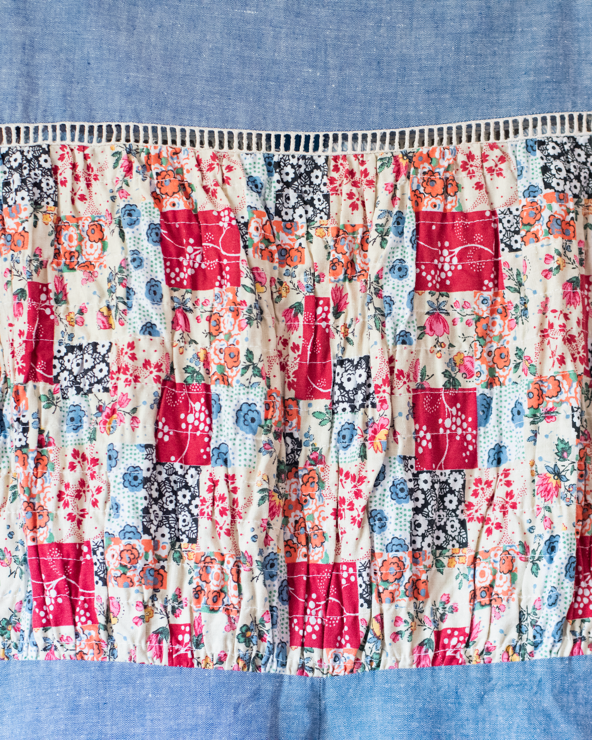 Denim dress with floral patches | French deadstock from the 70s | 13-14 years