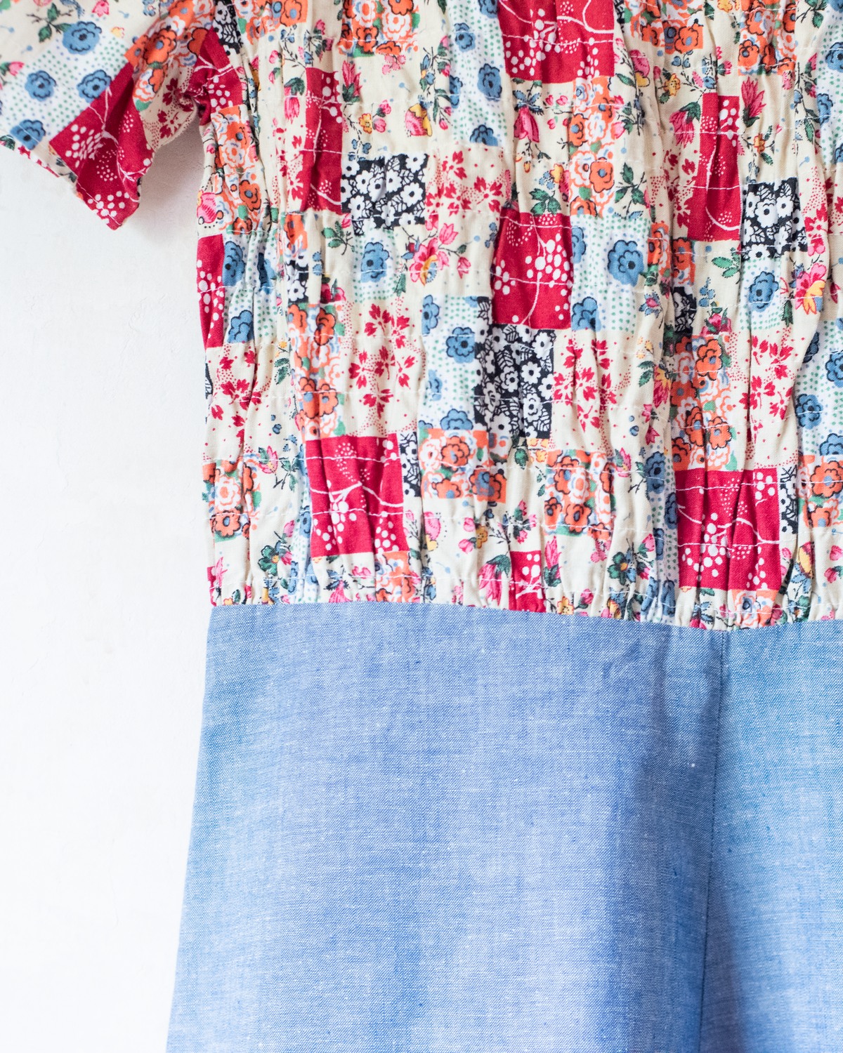 Denim dress with floral patches | French deadstock from the 70s | 13-14 years