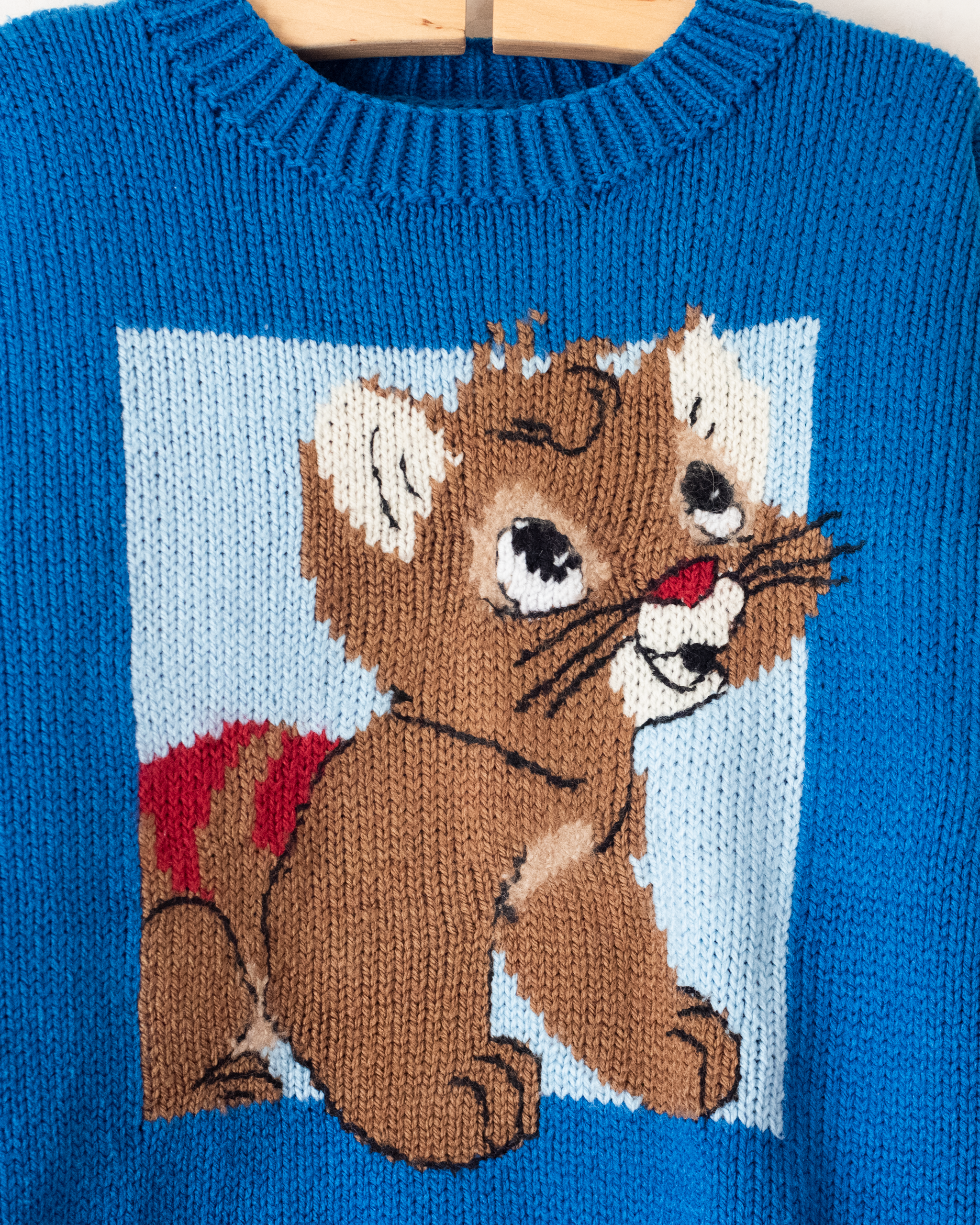 סוודר צמר כחול עם חתול | 5-6 שנים