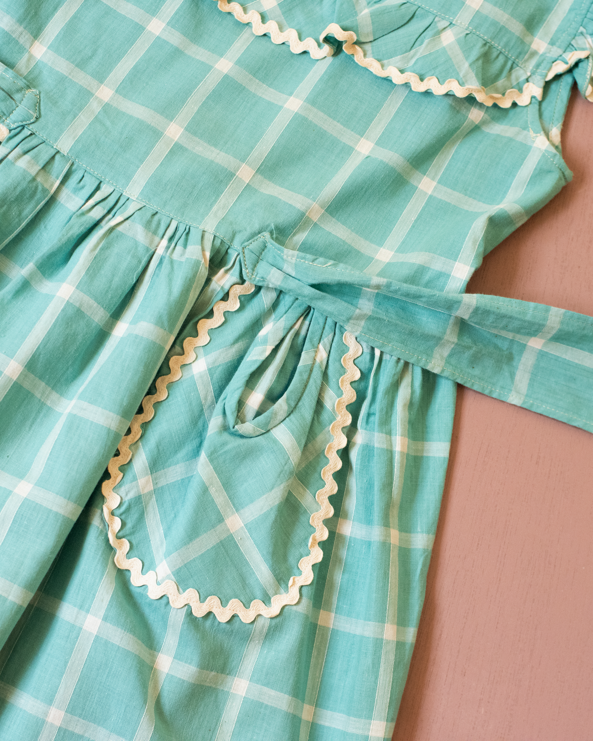 Turquoise plaid dress with ruffles | Deadstock from the 60s | 3-4 years