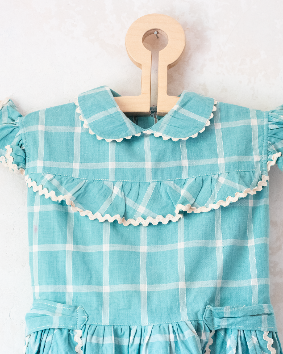 Turquoise plaid dress with ruffles | Deadstock from the 60s | 3-4 years