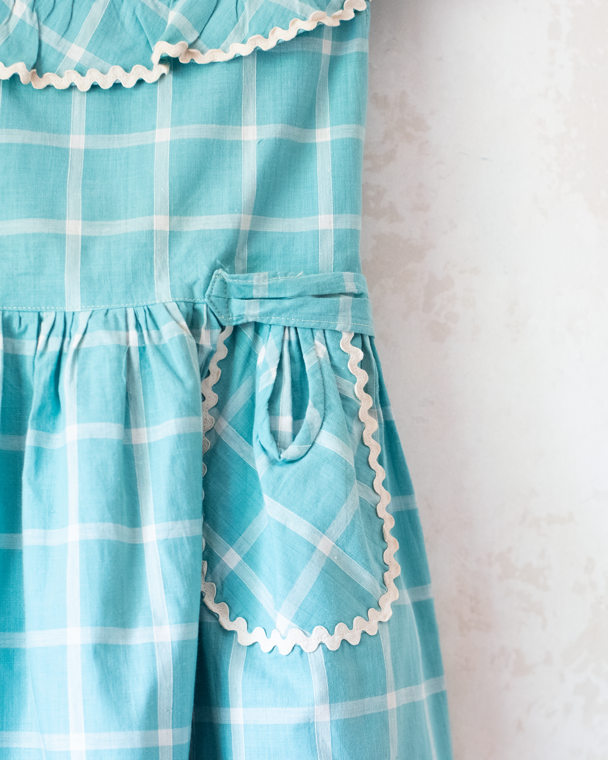 Turquoise plaid dress with ruffles | Deadstock from the 60s | 3-4 years