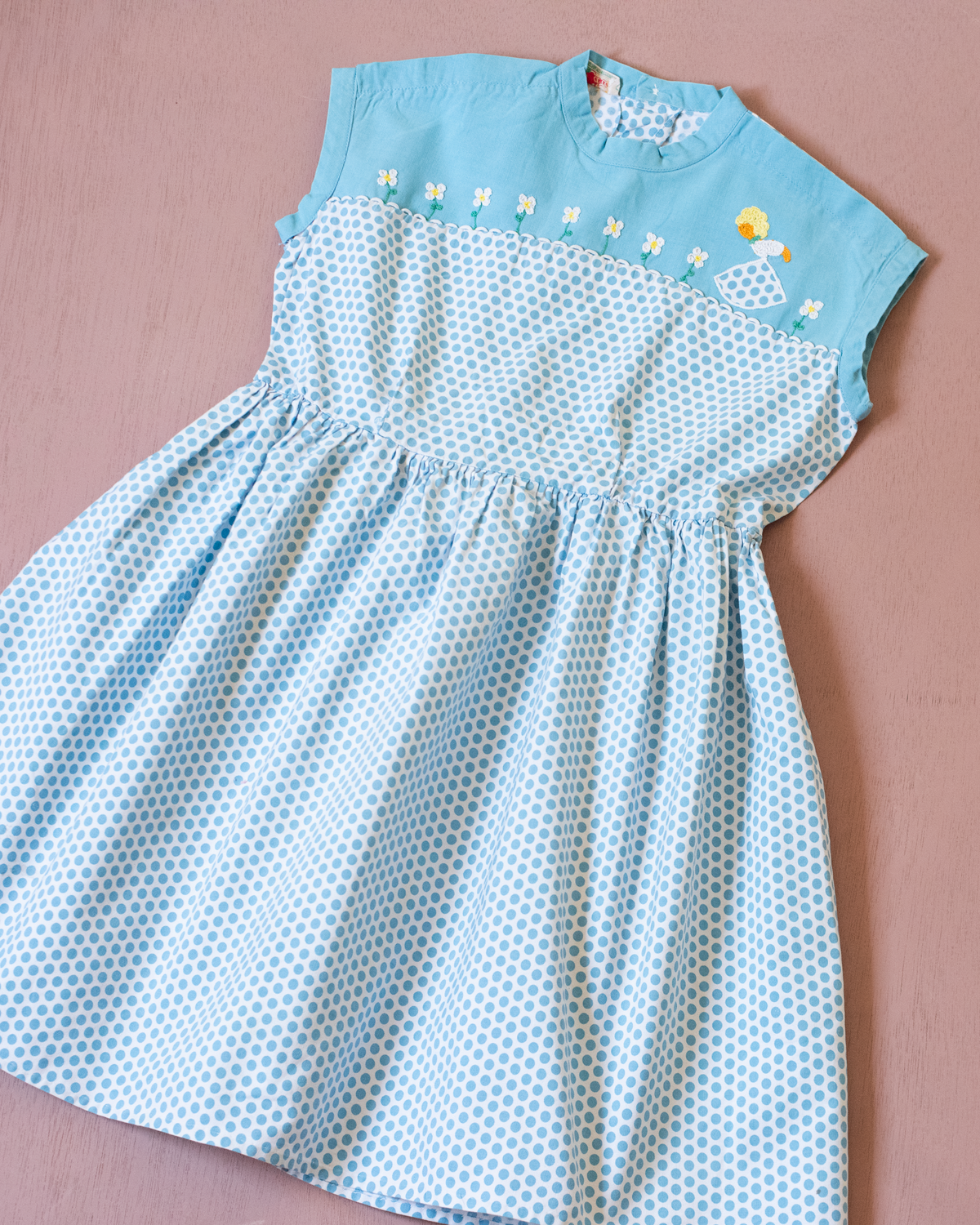 1950s French Polka Dot Dress with Floral Embroidery and Girl | 3-4 Years