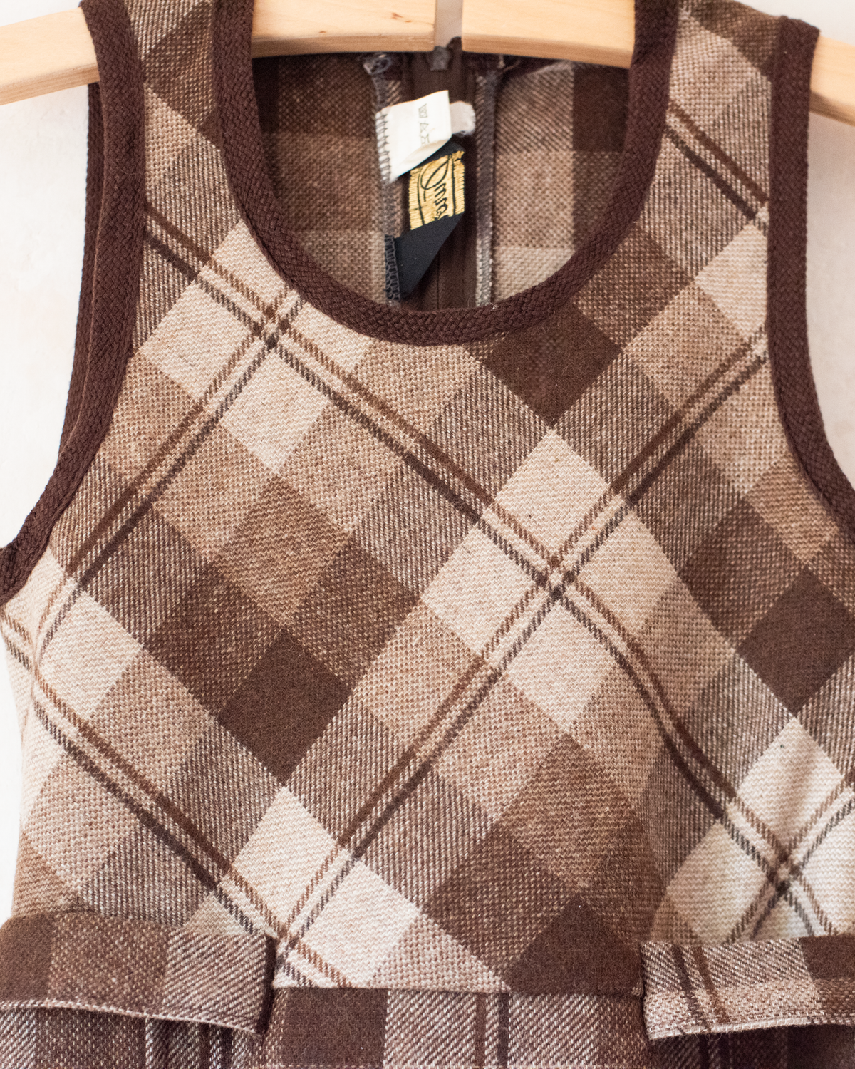Brown Plaid Wool Dress | French Deadstock from the Seventies | 7-8 Years