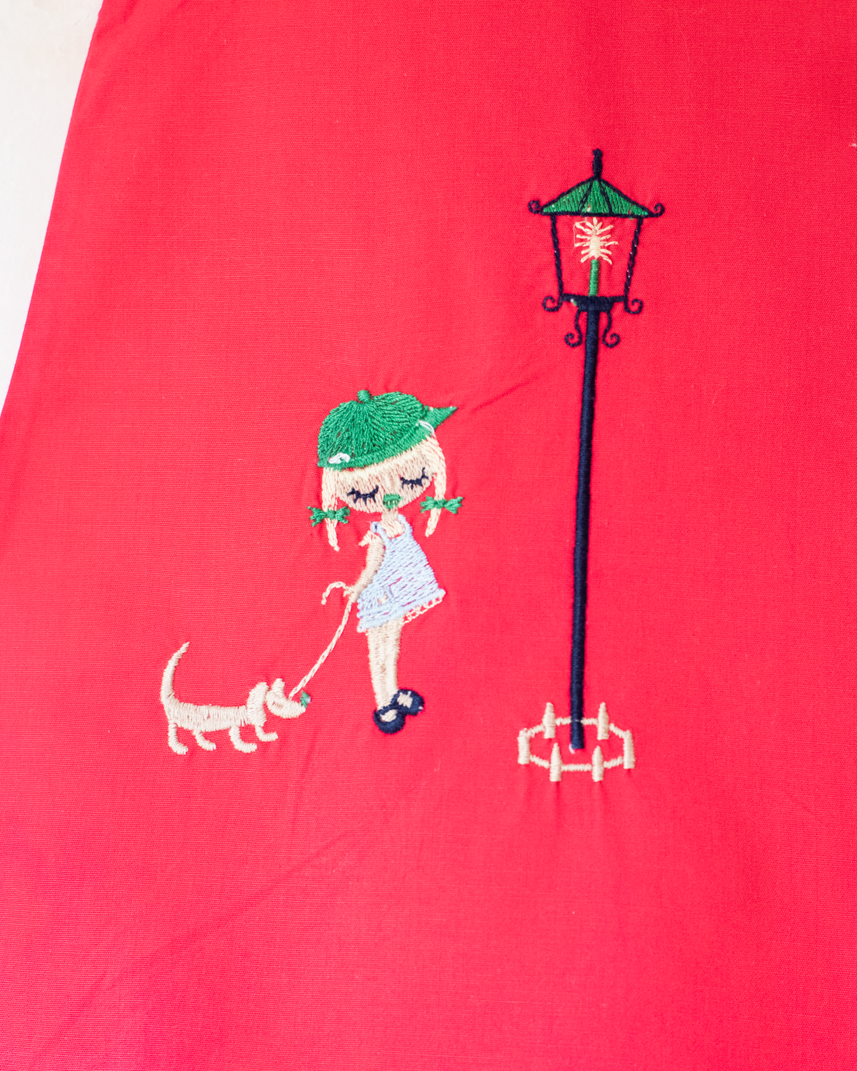 Red tunic/dress with dog and street lamp girl embroidery | 9-12 months