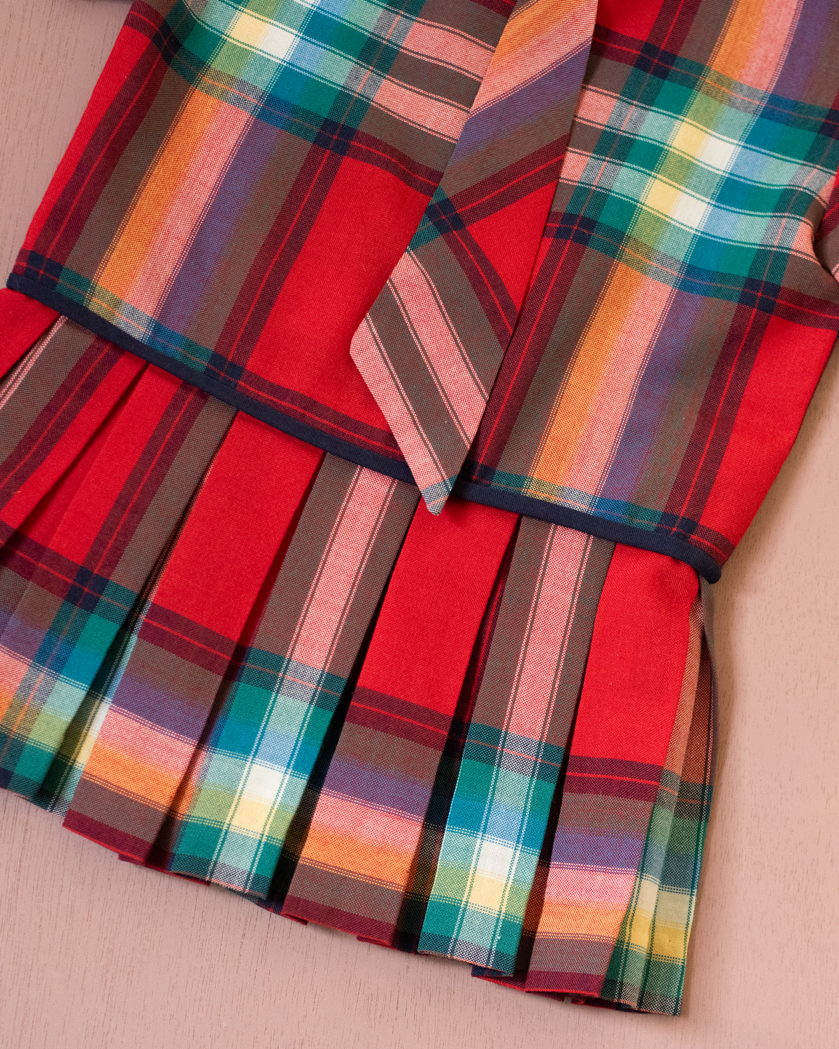 French plaid dress with tie and pleats | 9-12 months
