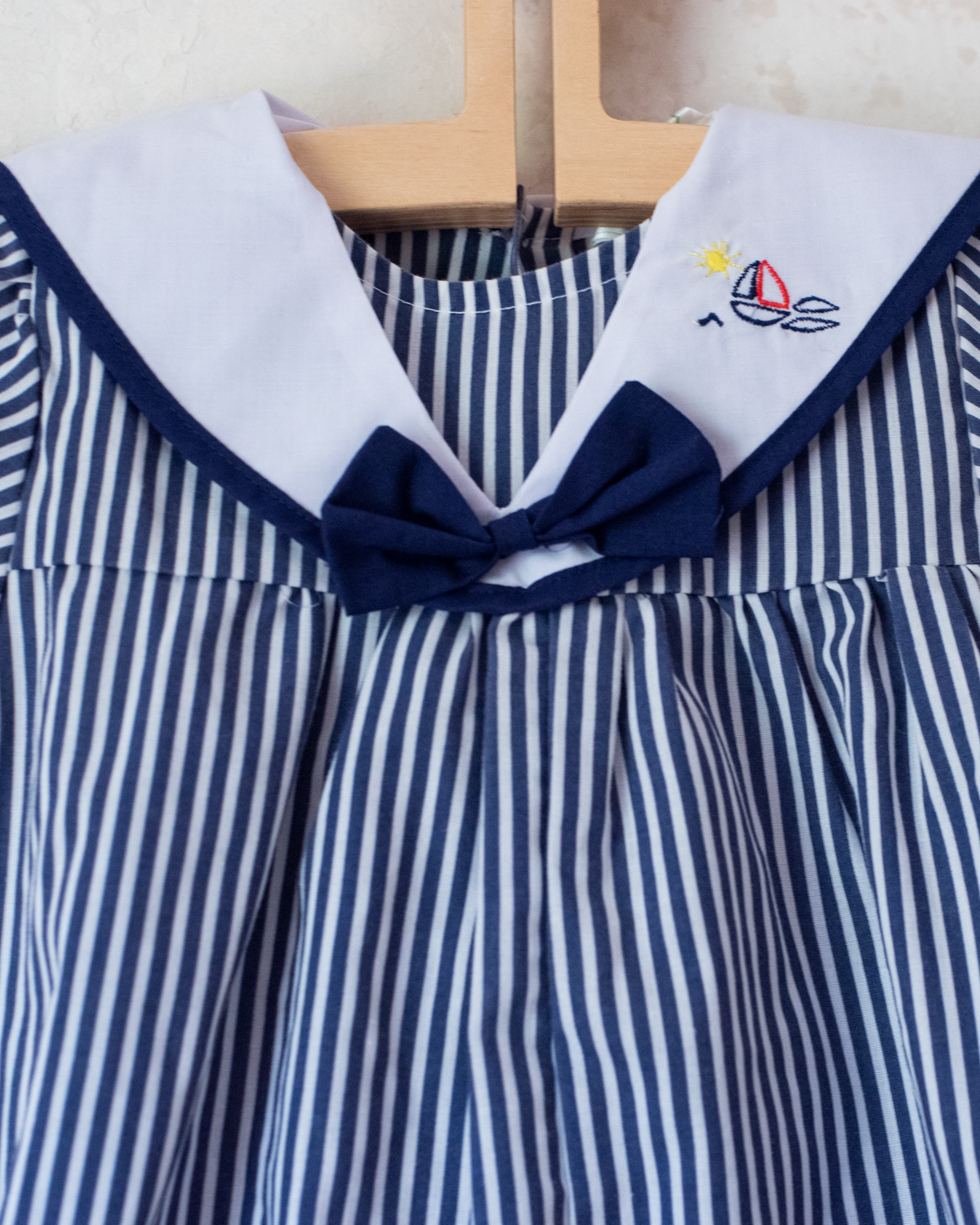 Striped overalls and embroidered boat | 3-6 months