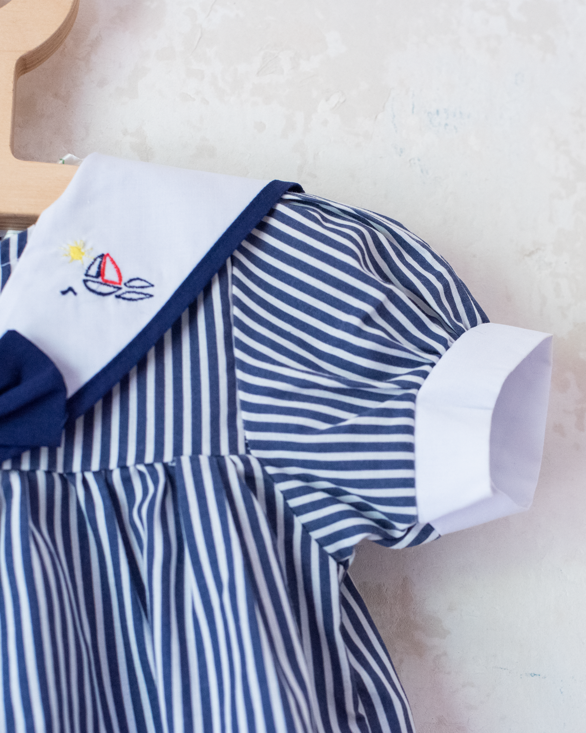 Striped overalls and embroidered boat | 3-6 months
