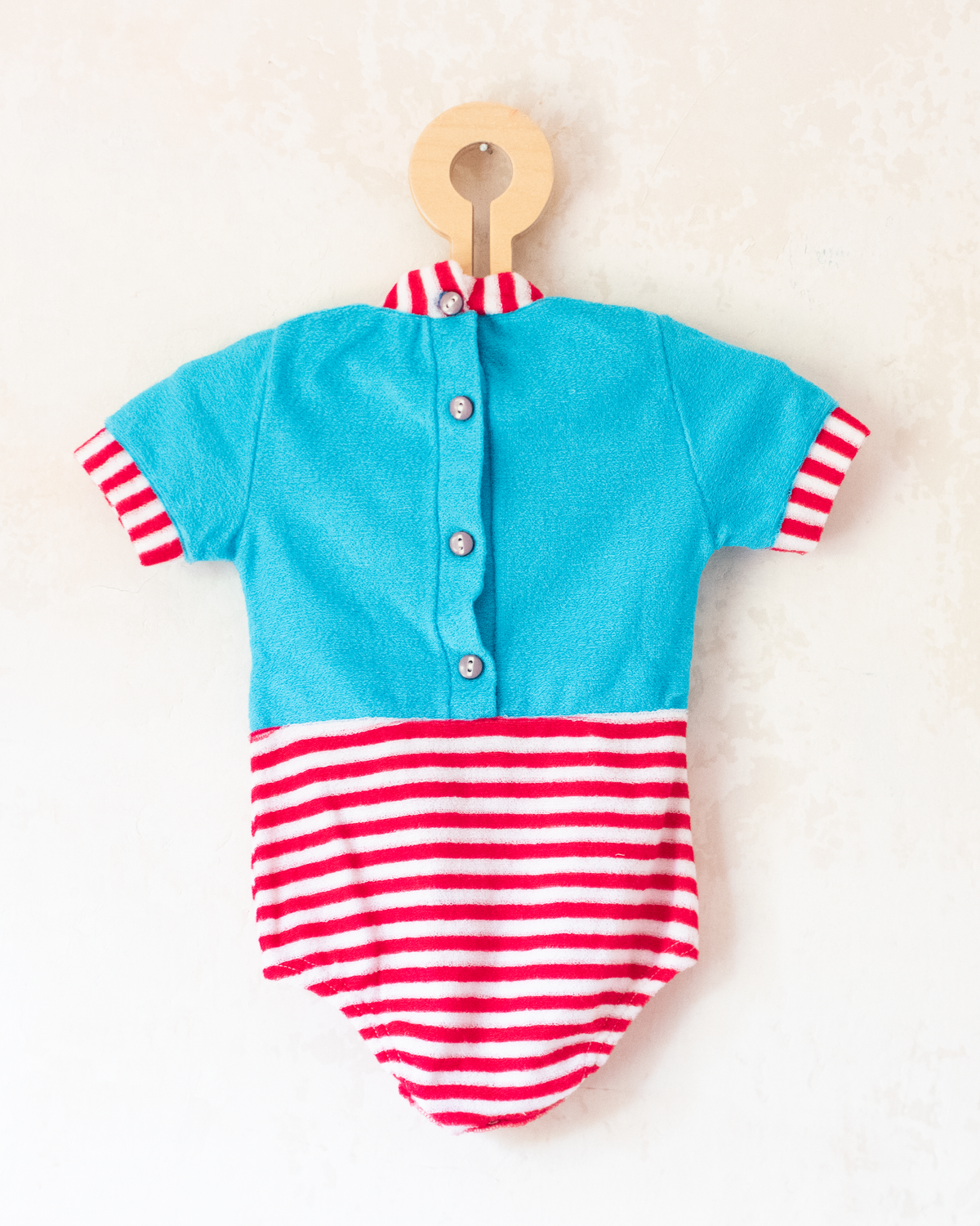 Colorful terry cloth romper with stripes and a sailboat | Spanish dead stock | 3-6 months