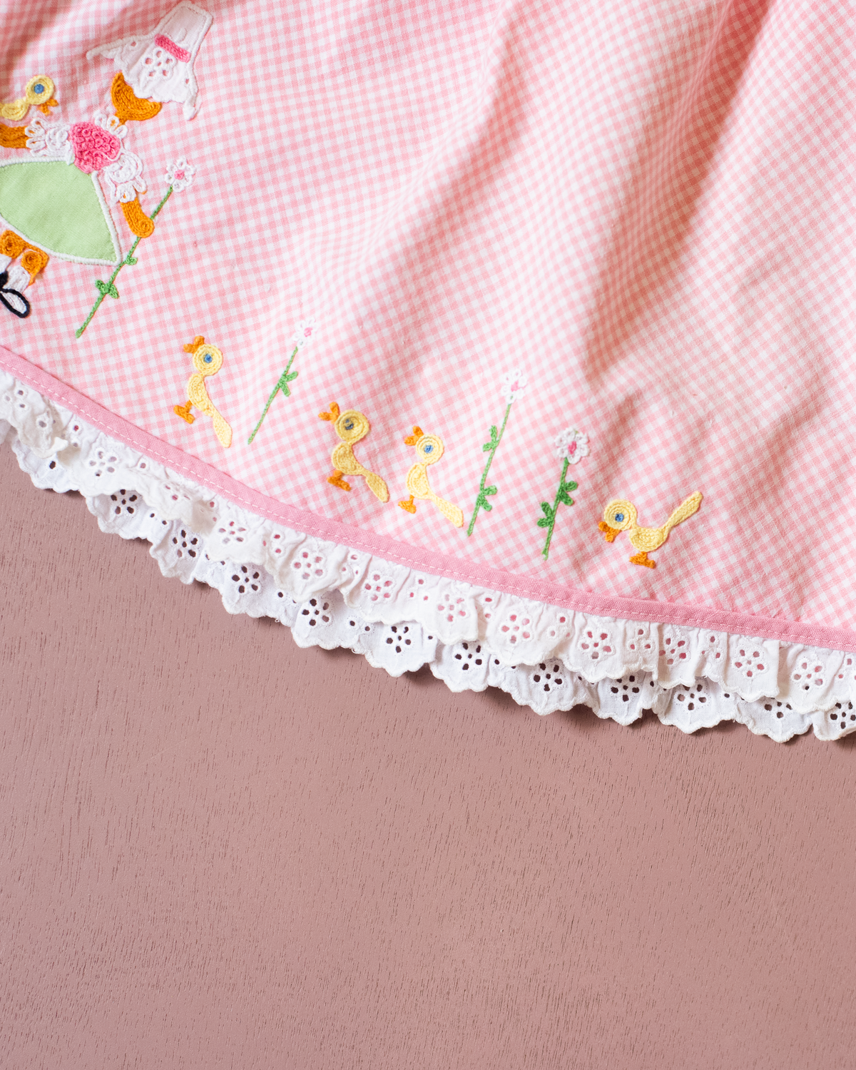 60s plaid dress with girl embroidery, ducks and flowers | 3-9 months