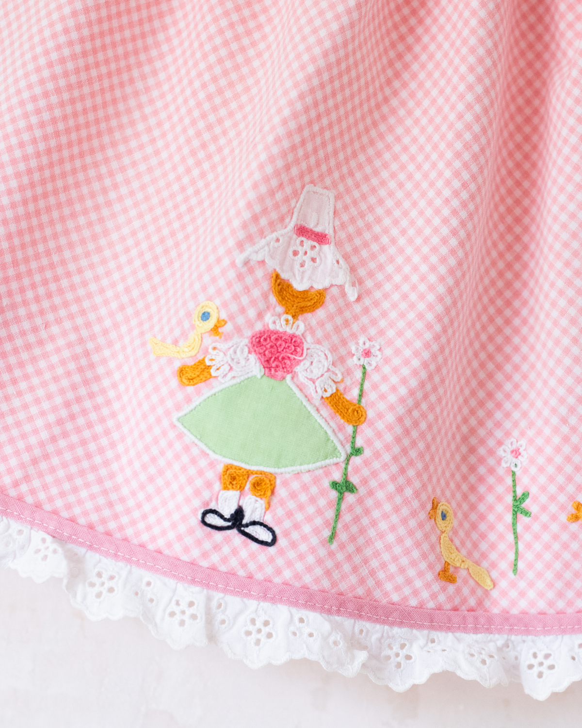 60s plaid dress with girl embroidery, ducks and flowers | 3-9 months