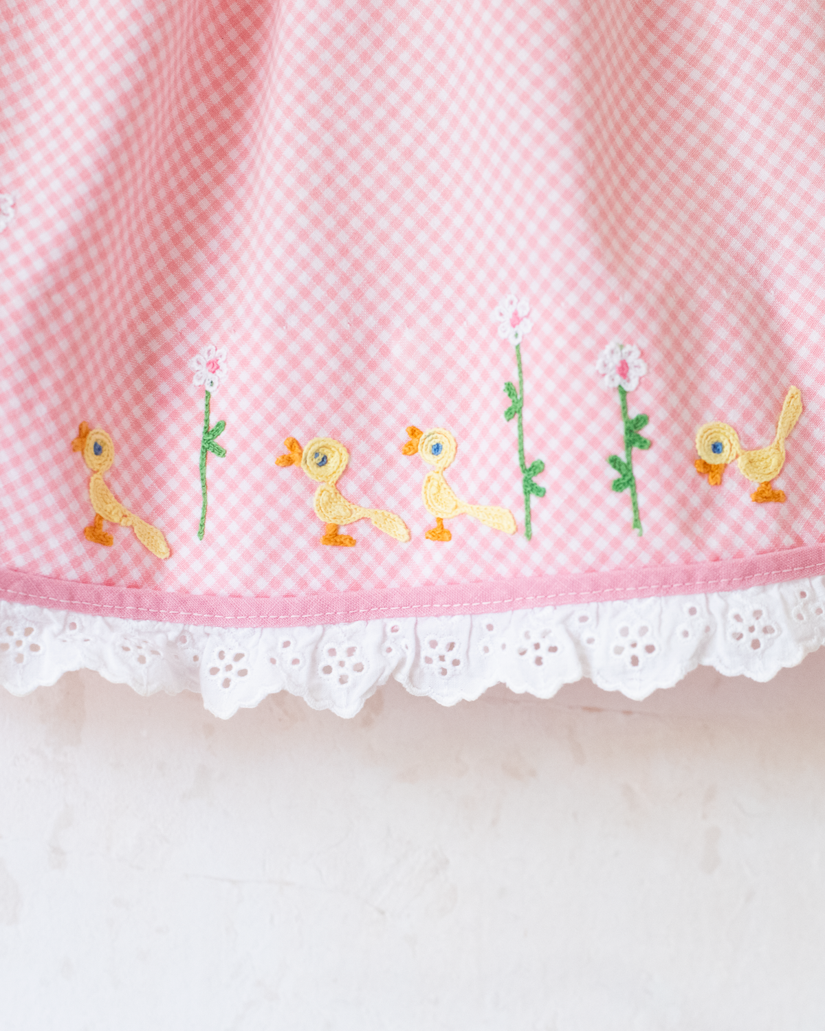 60s plaid dress with girl embroidery, ducks and flowers | 3-9 months
